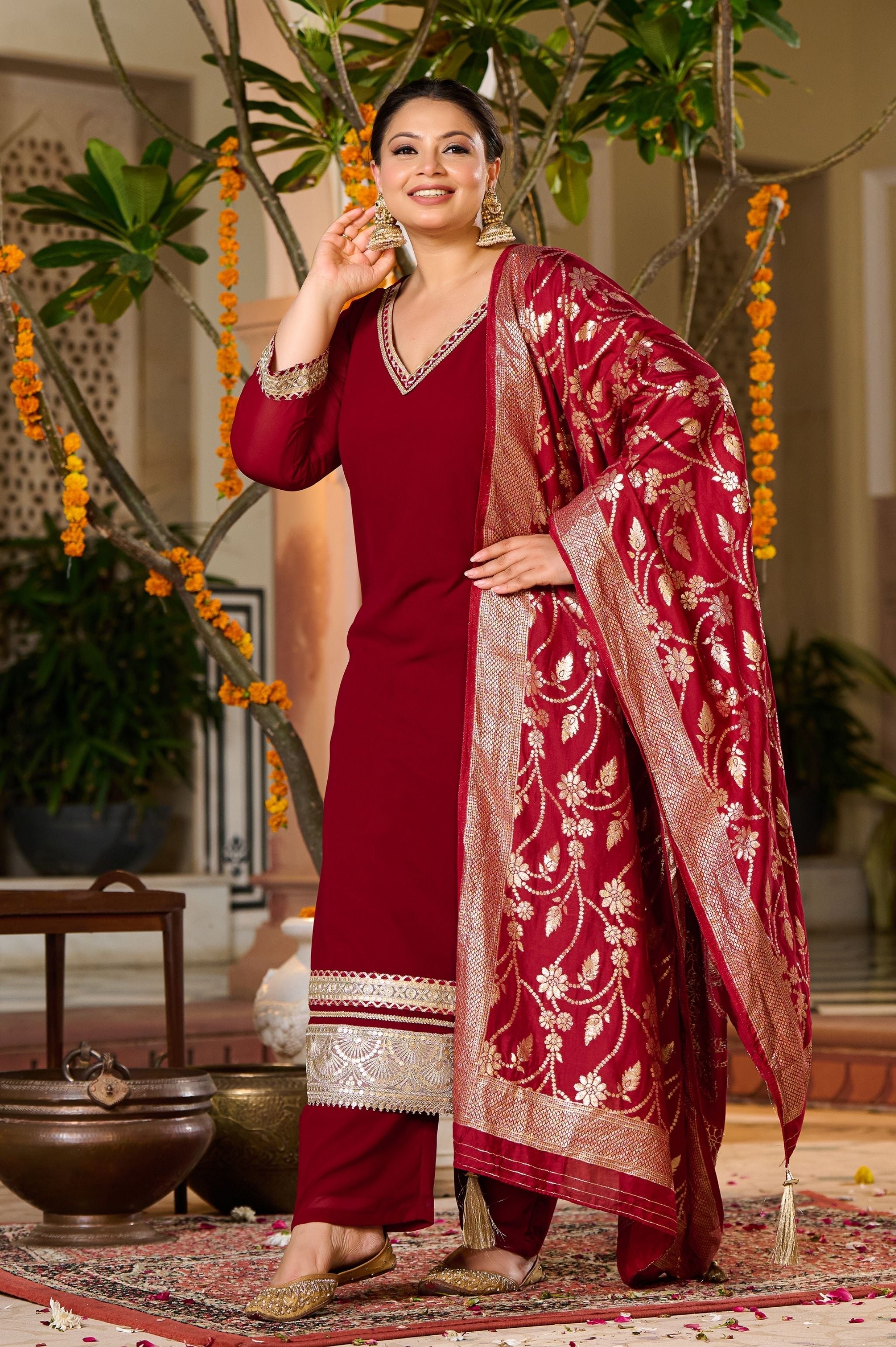 Plus Size Crimson Charm Festive Suit with Golden Accents