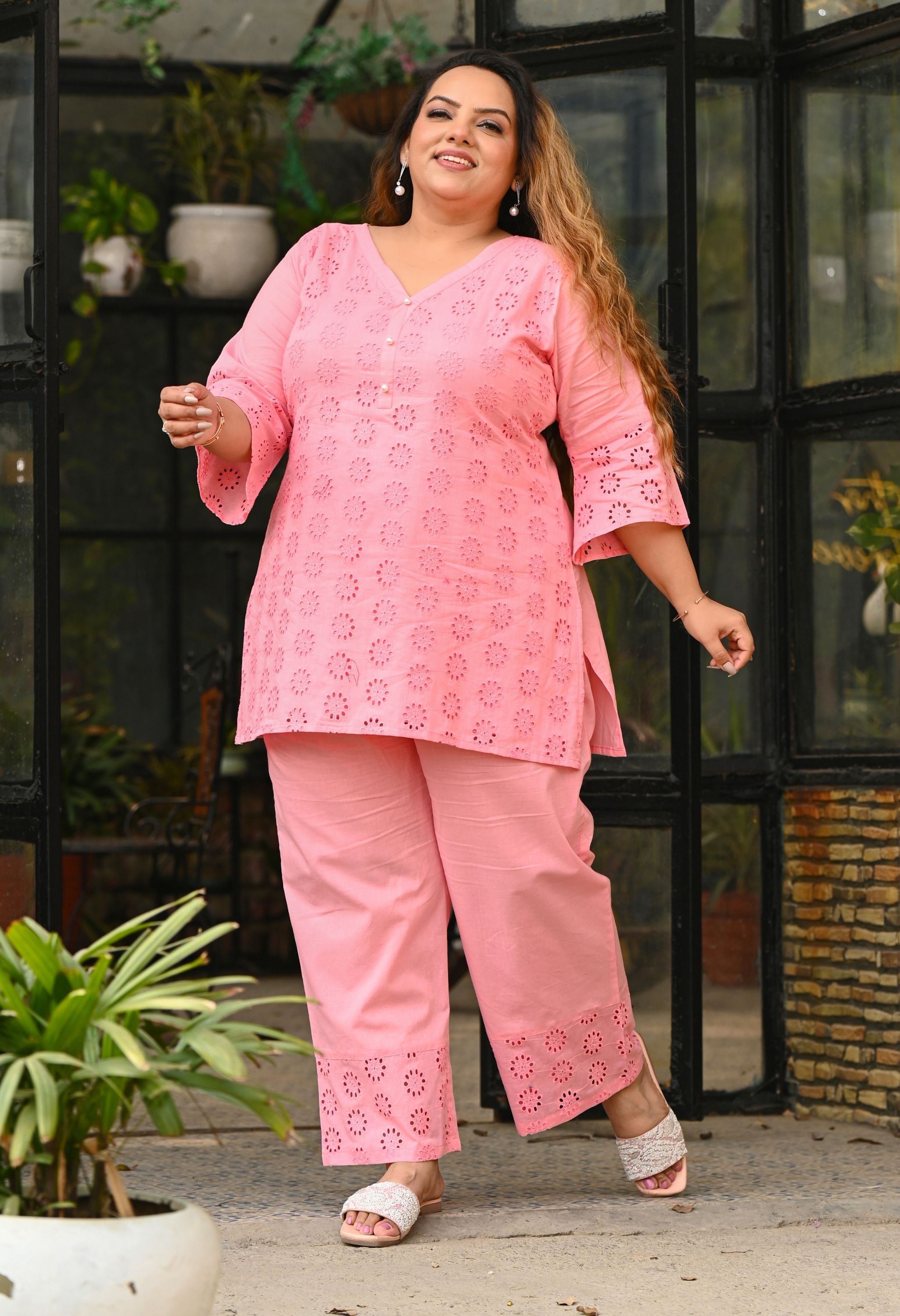 Plus Size Pink Schiffli Co-ord Set
