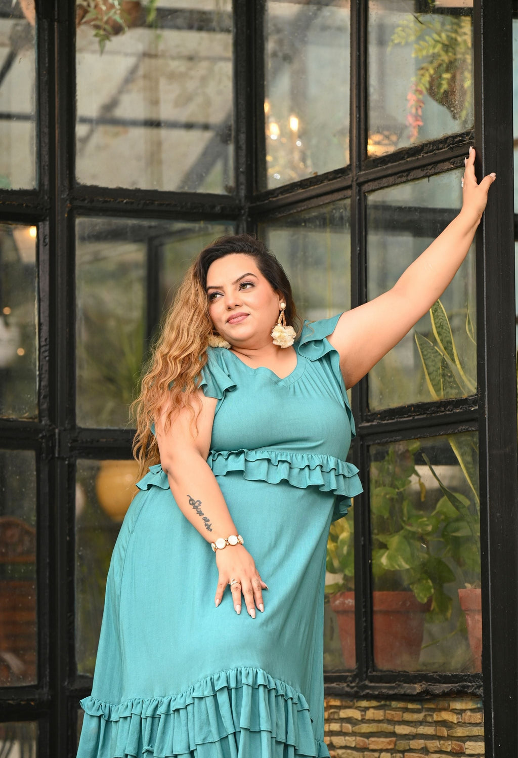 Plus Size Calm Sea Green Frill Dress