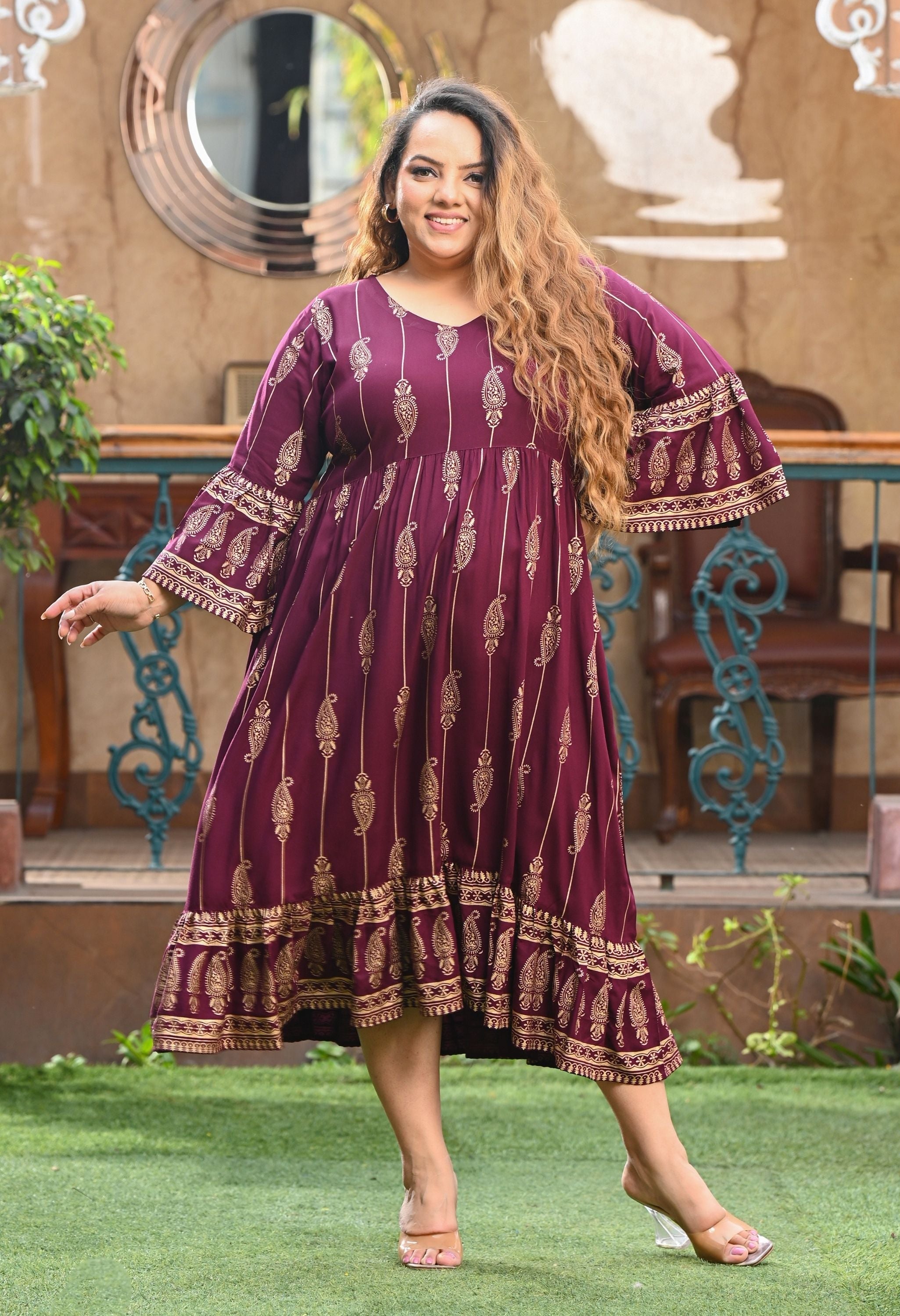 Plus Size Wine Gold Printed Flared Sleeves Rayon Dress