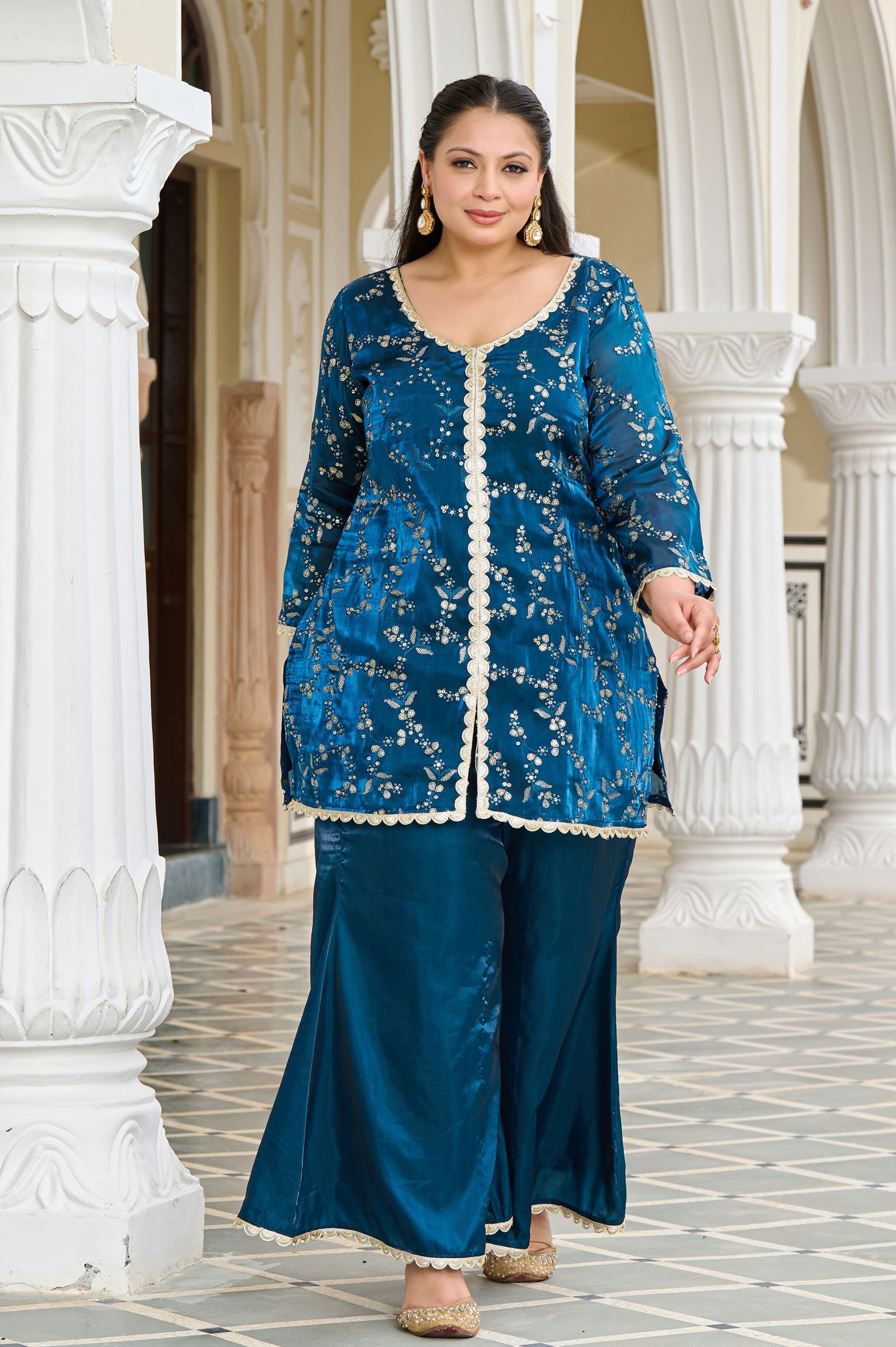 Plus Size Exclusive Festive Teal Embroidered Jimmy Choo Co-ord Set
