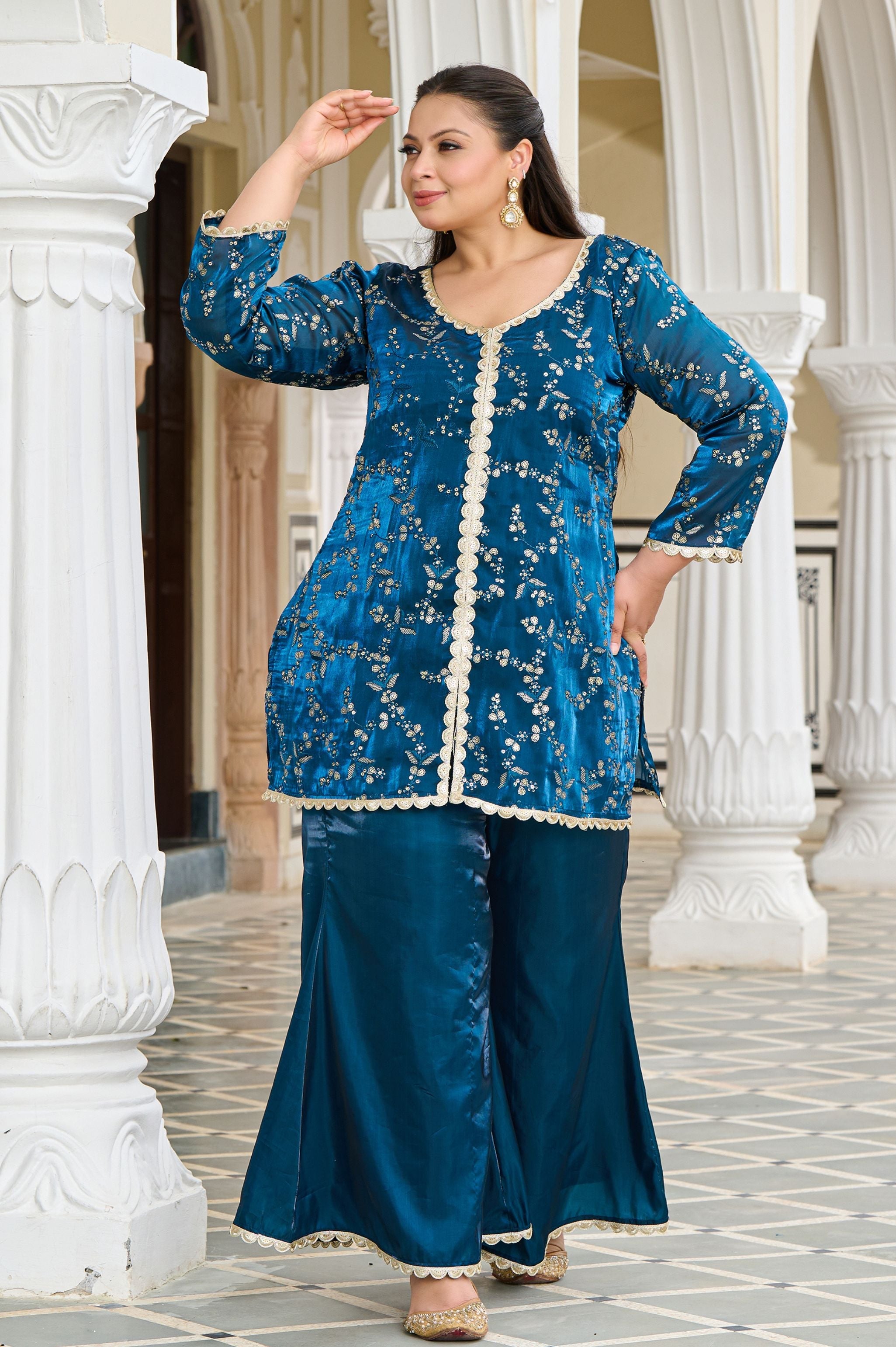 Plus Size Exclusive Festive Teal Embroidered Jimmy Choo Co-ord Set