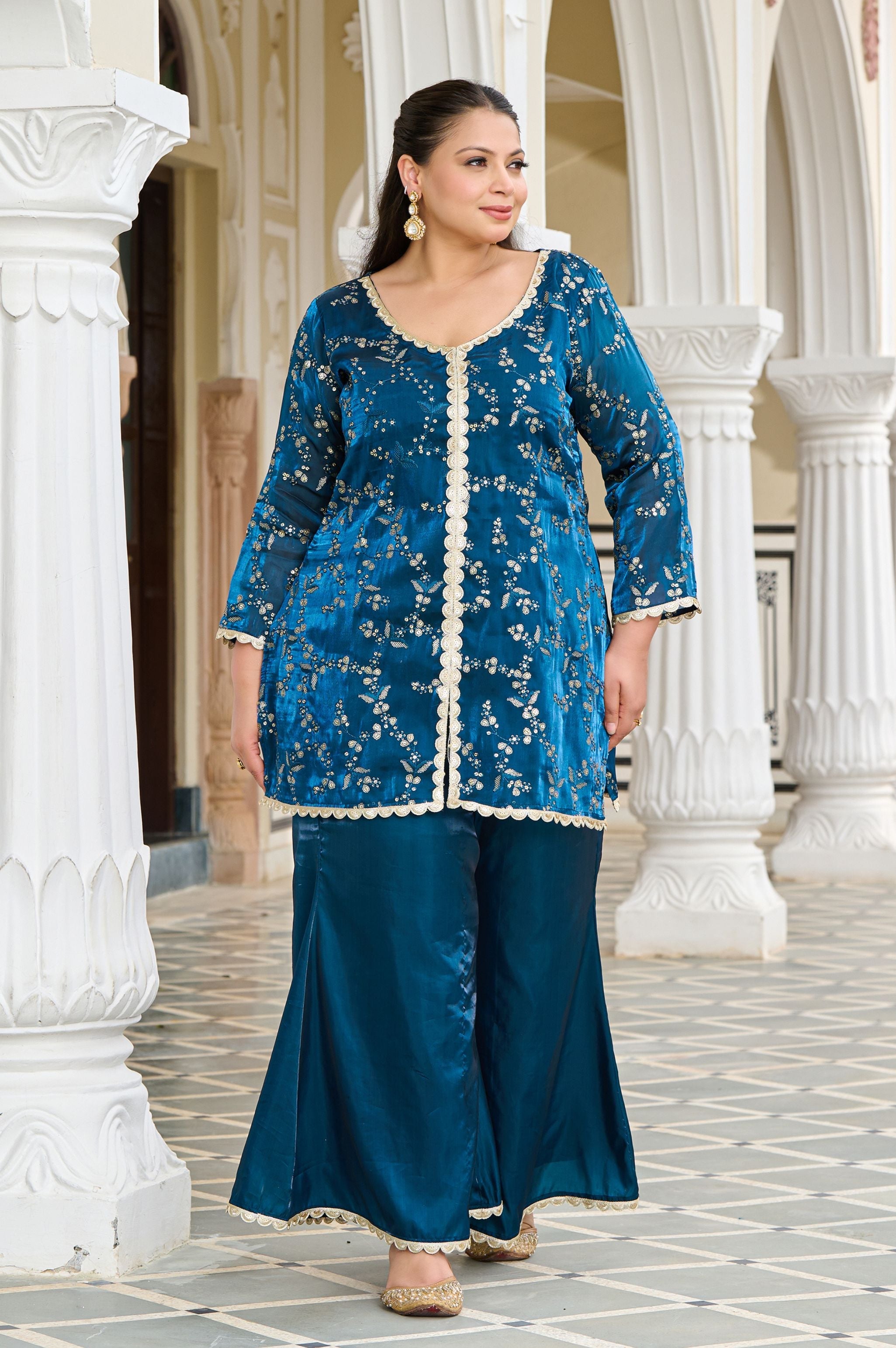 Plus Size Exclusive Festive Teal Embroidered Jimmy Choo Co-ord Set