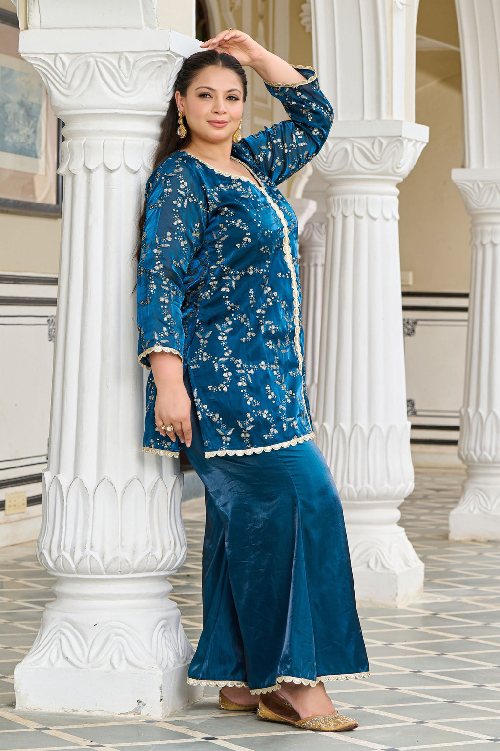 Plus Size Exclusive Festive Teal Embroidered Jimmy Choo Co-ord Set