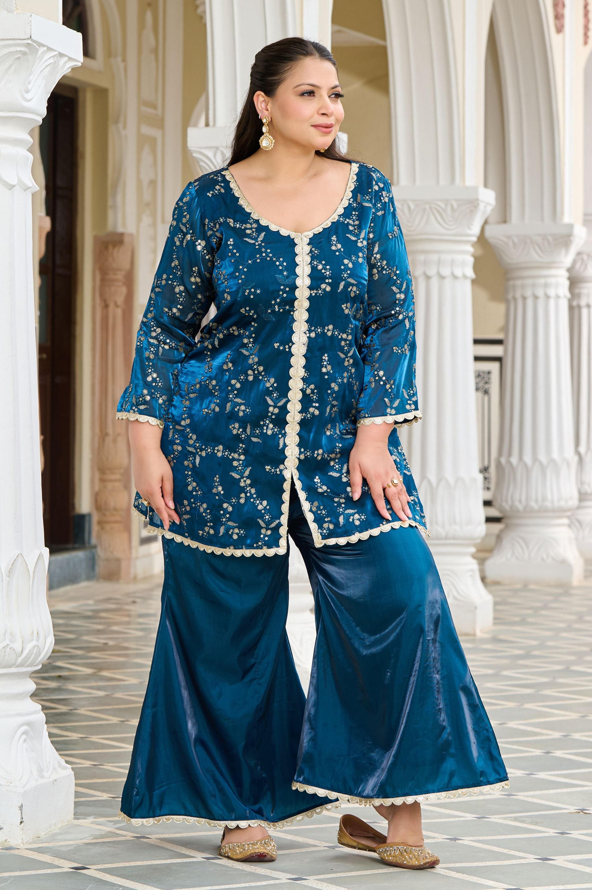 Plus Size Exclusive Festive Teal Embroidered Jimmy Choo Co-ord Set