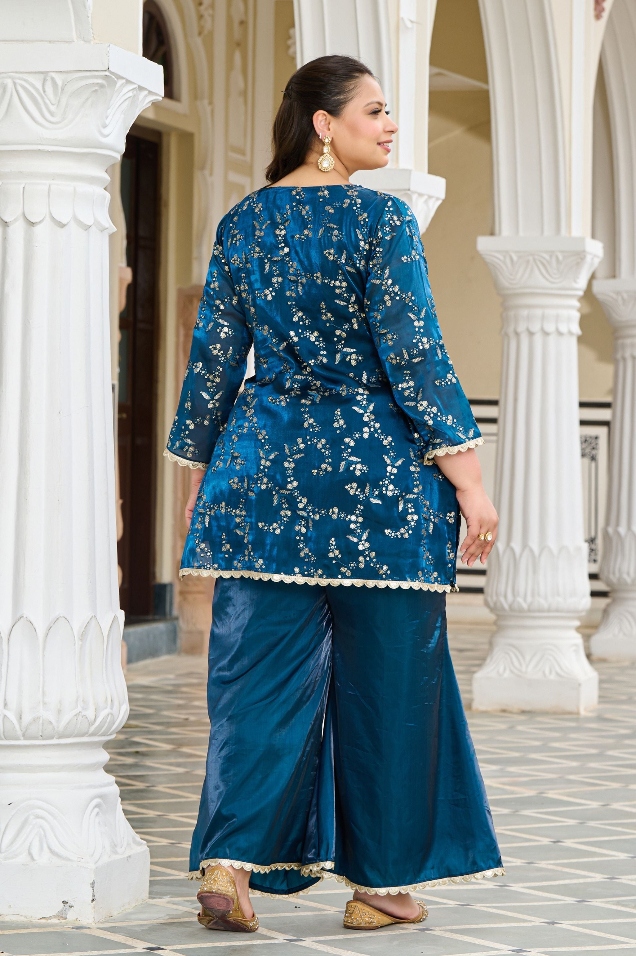 Plus Size Exclusive Festive Teal Embroidered Jimmy Choo Co-ord Set