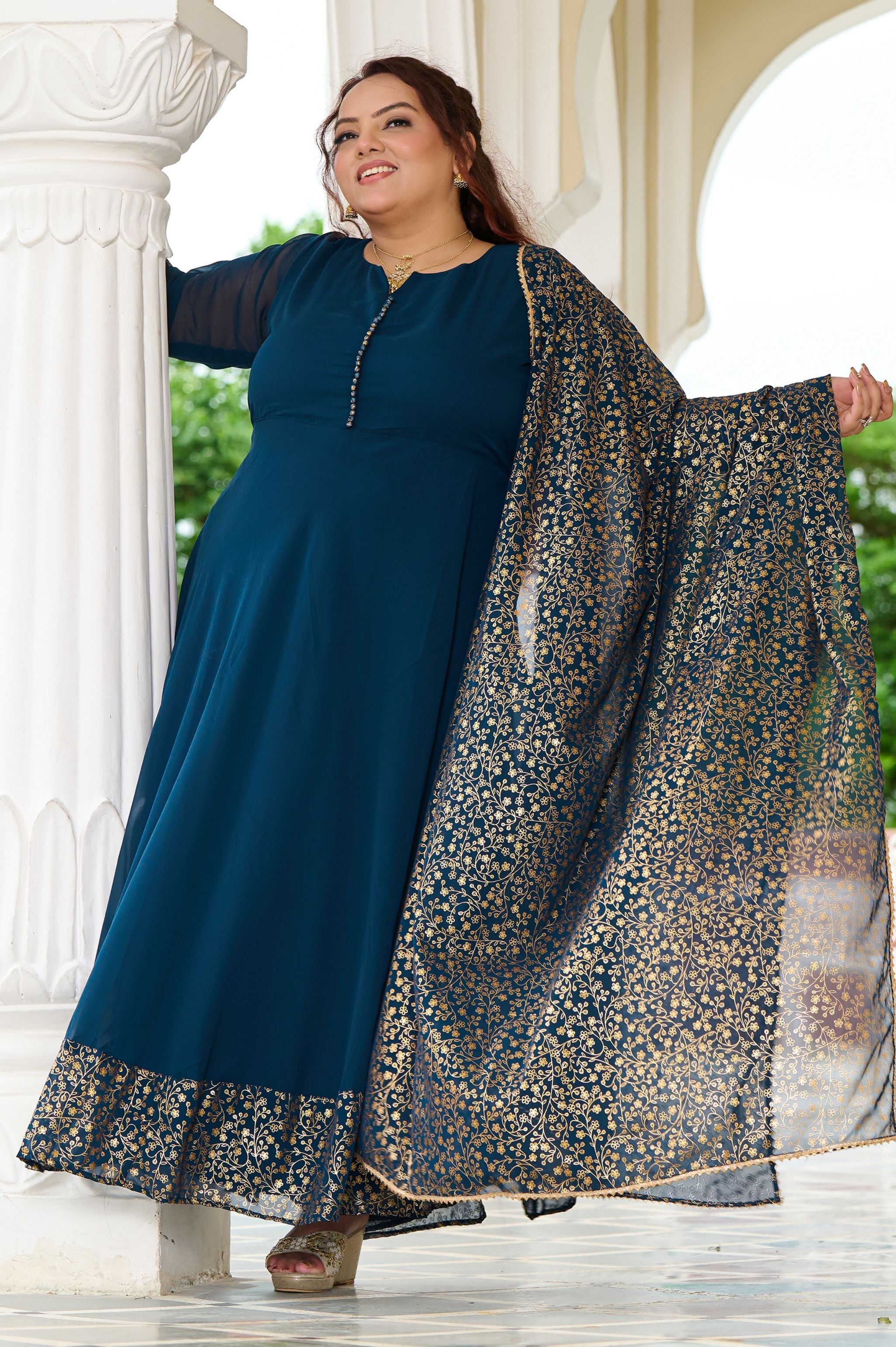 Plus Size Elegant Teal Blue Anarkali Ensemble with Gold Foil Accents