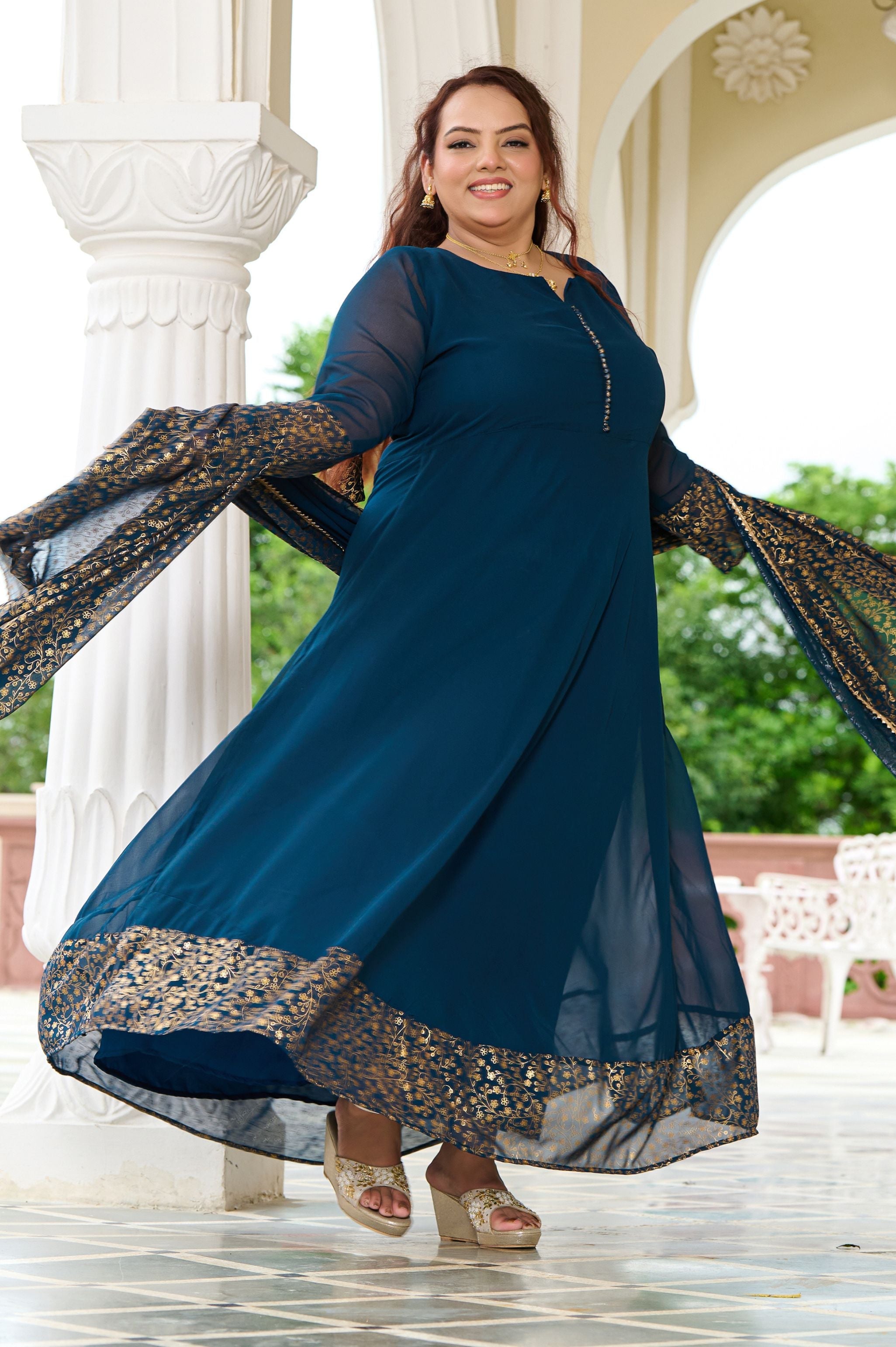 Plus Size Elegant Teal Blue Anarkali Ensemble with Gold Foil Accents
