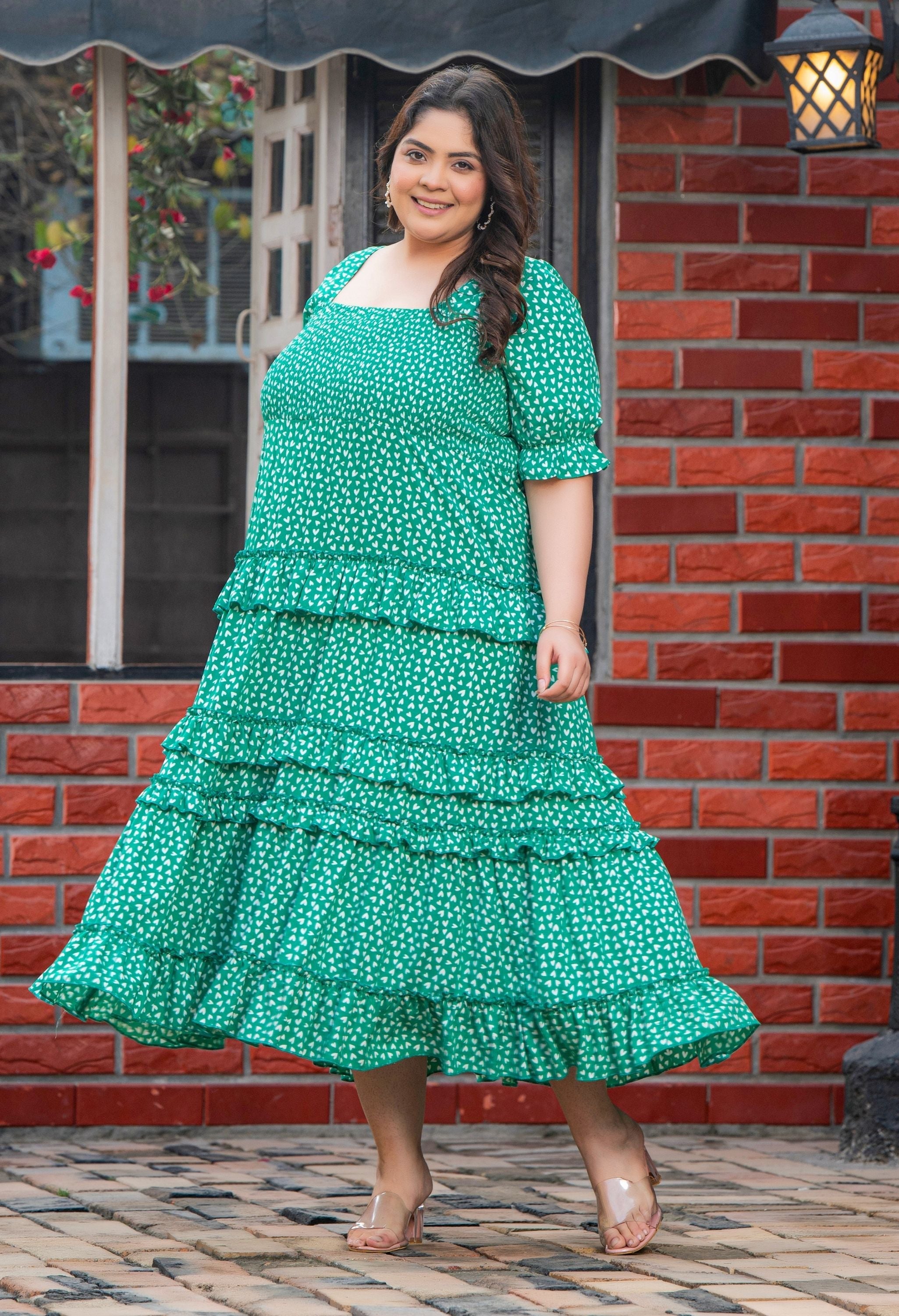 Plus Size Hearty Green Frilled Maxi Dress