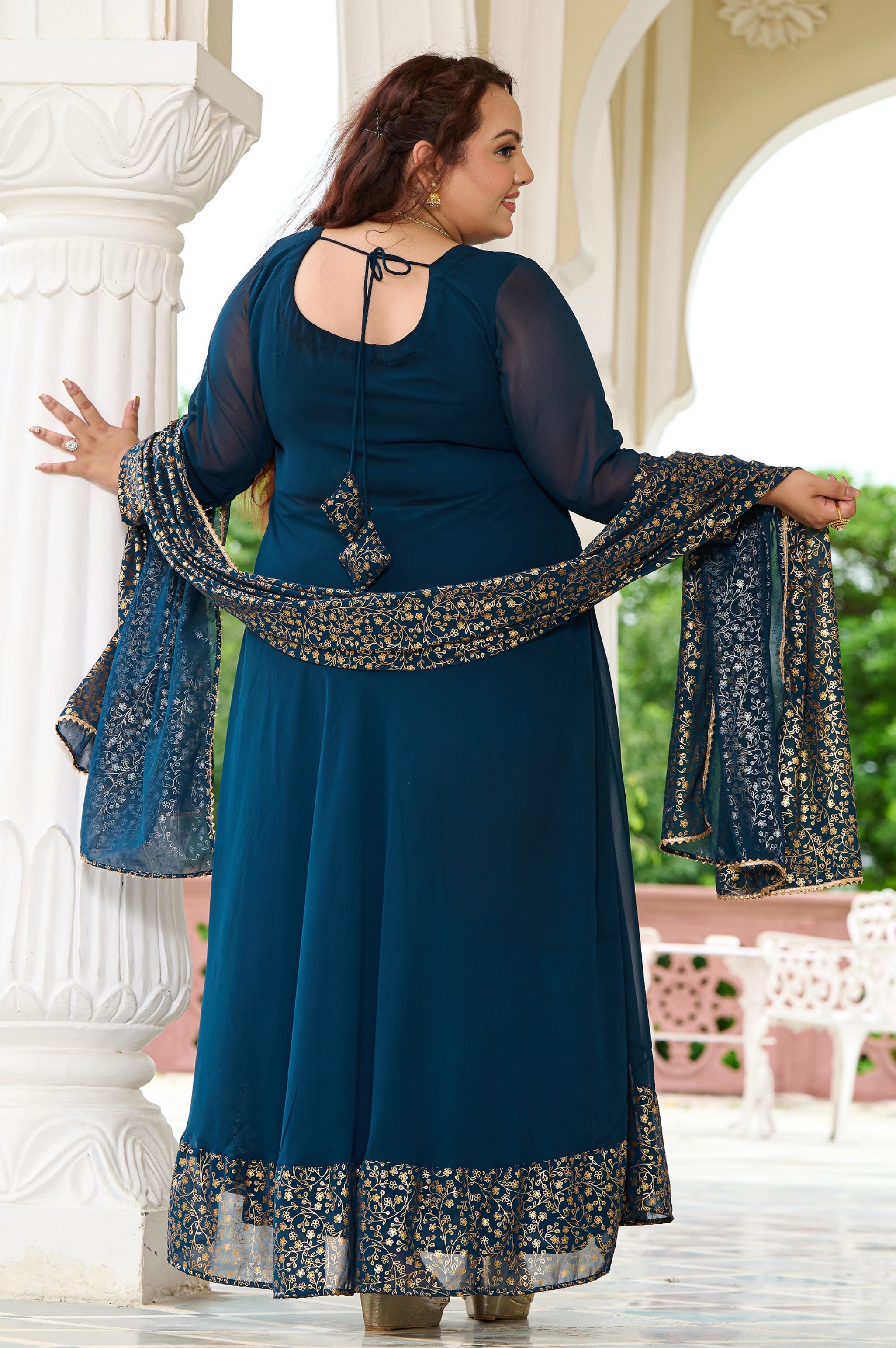 Plus Size Elegant Teal Blue Anarkali Ensemble with Gold Foil Accents