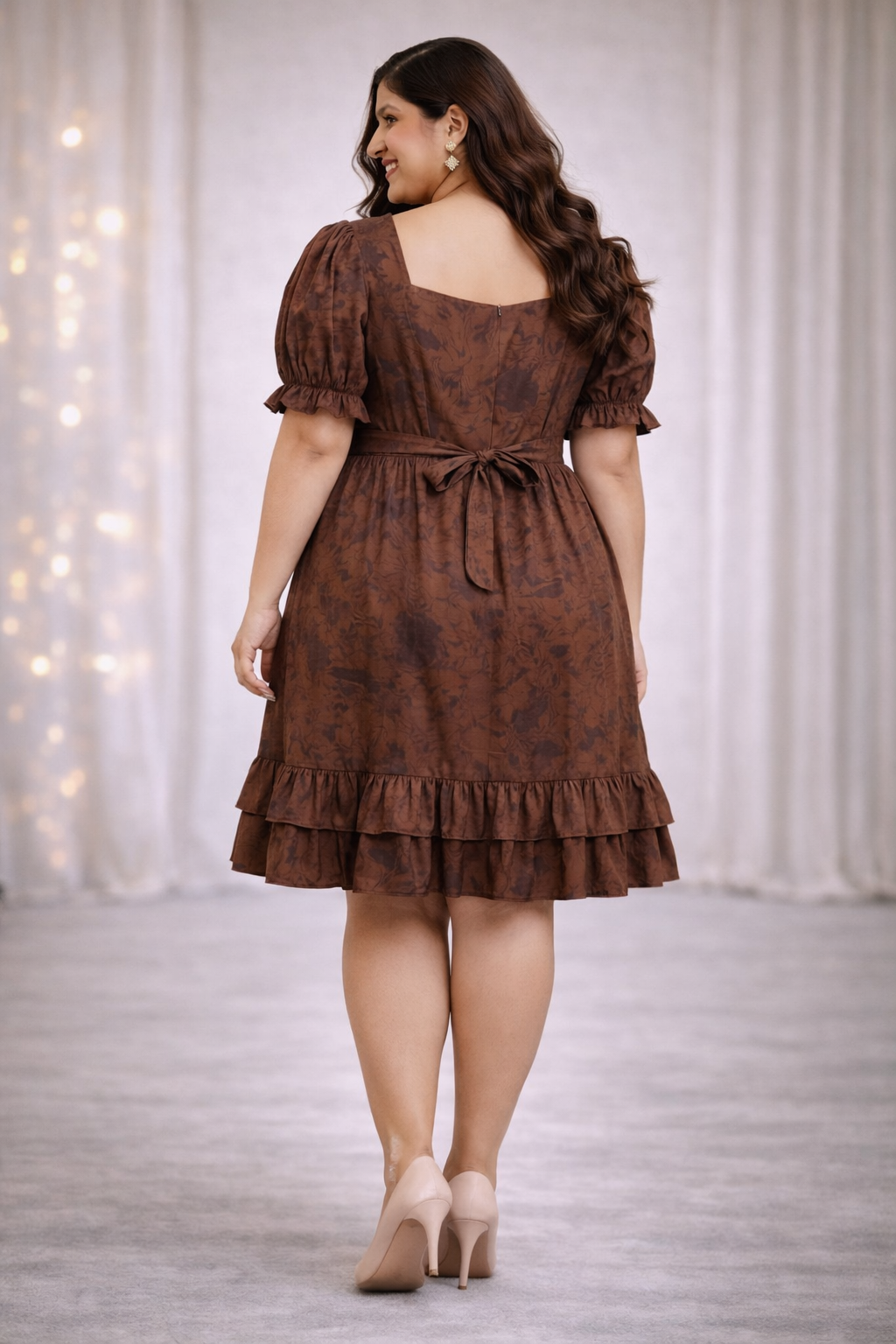 Plus Size Brown Tye Dye Prism Puff Sleeve Dress