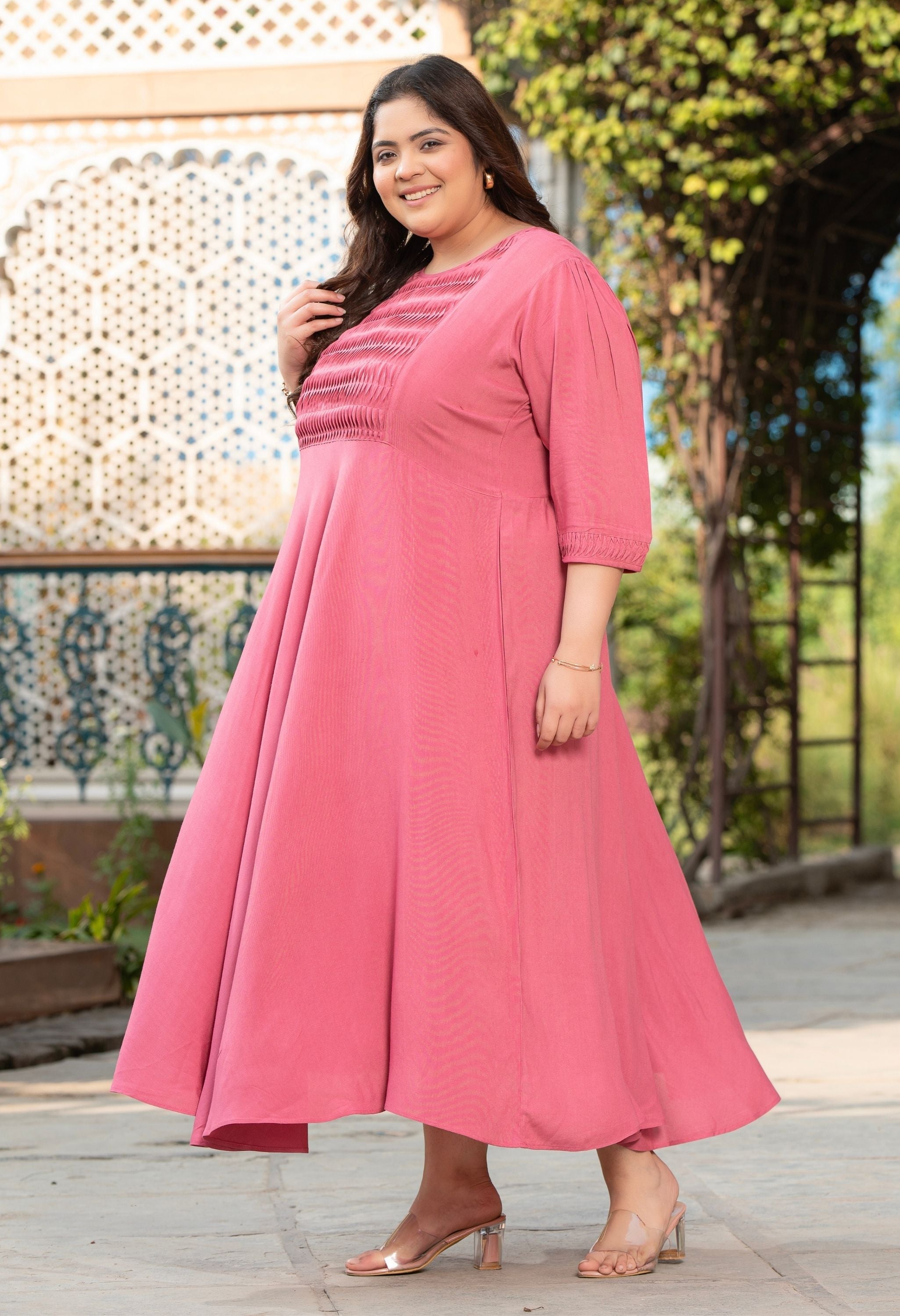 Plus Size Charming Pink Rayon Pintuck Dress
