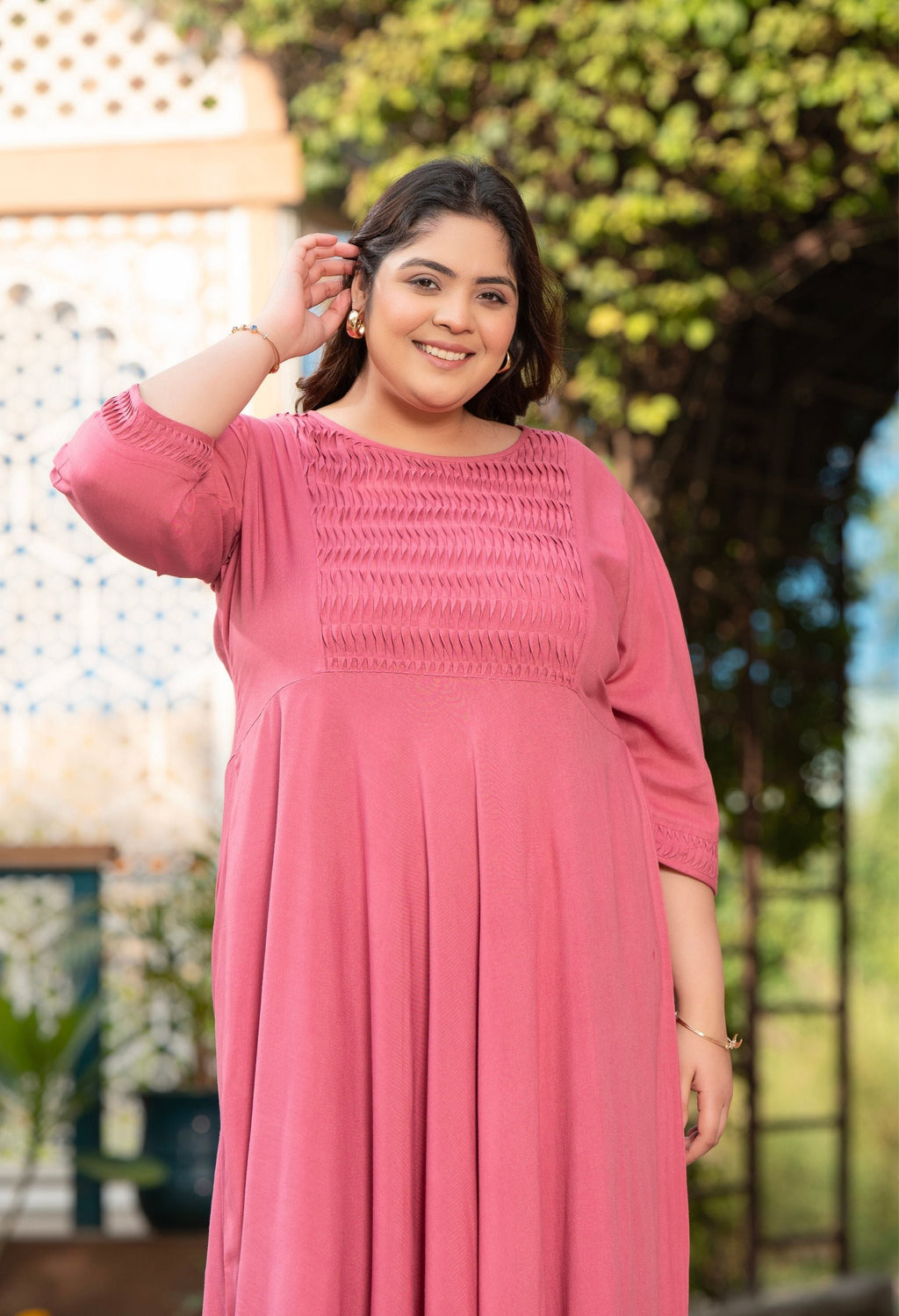 Plus Size Charming Pink Rayon Pintuck Dress