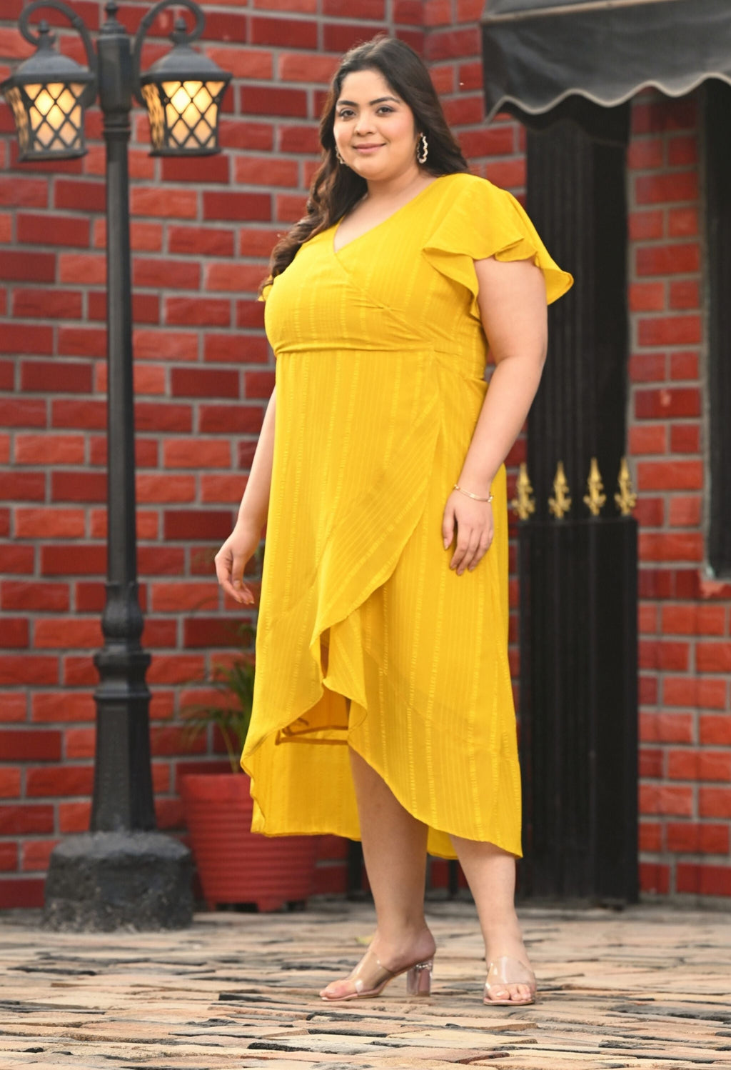 Plus Size Yellow Georgette Wrap Dress