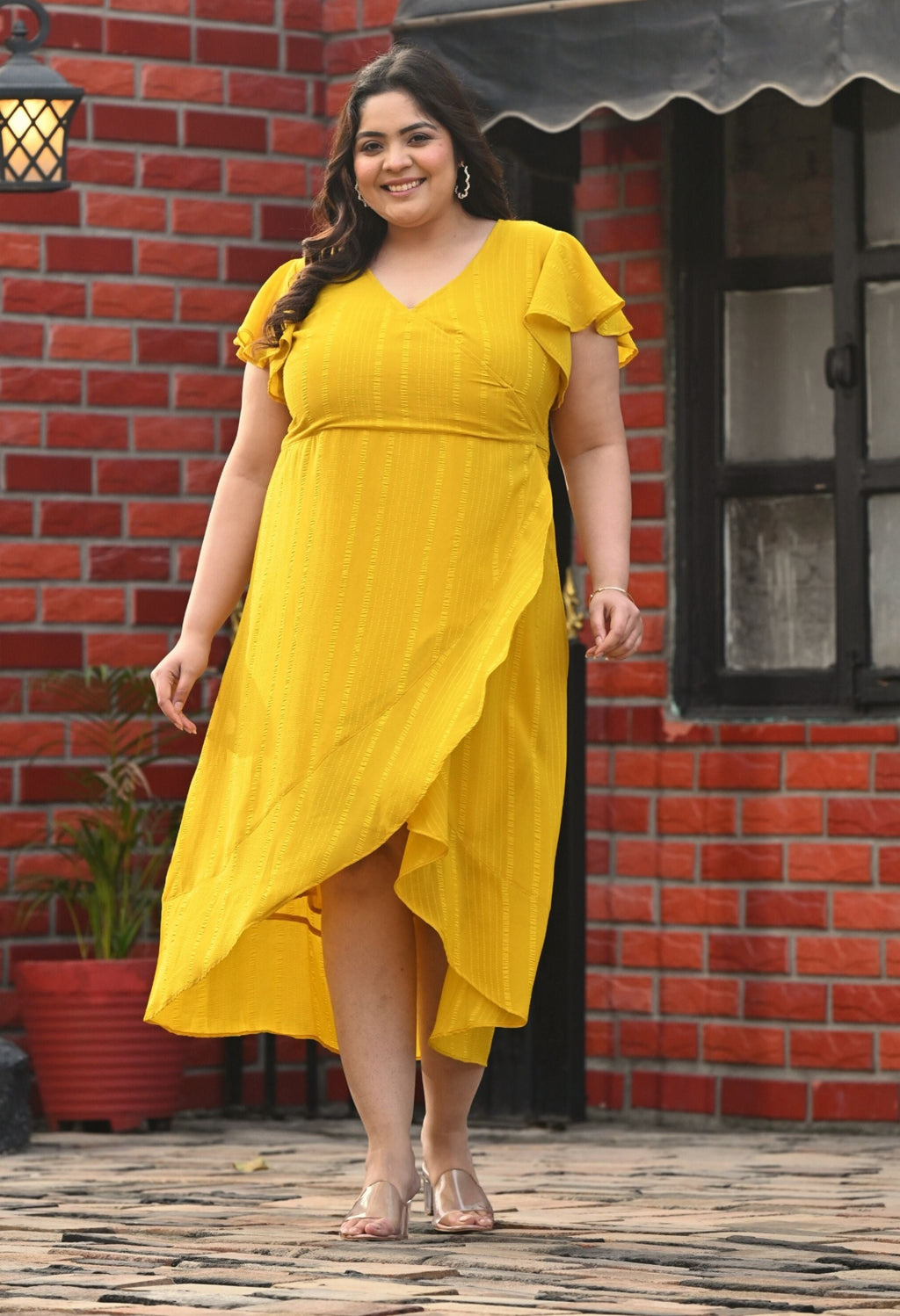 Plus Size Yellow Georgette Wrap Dress