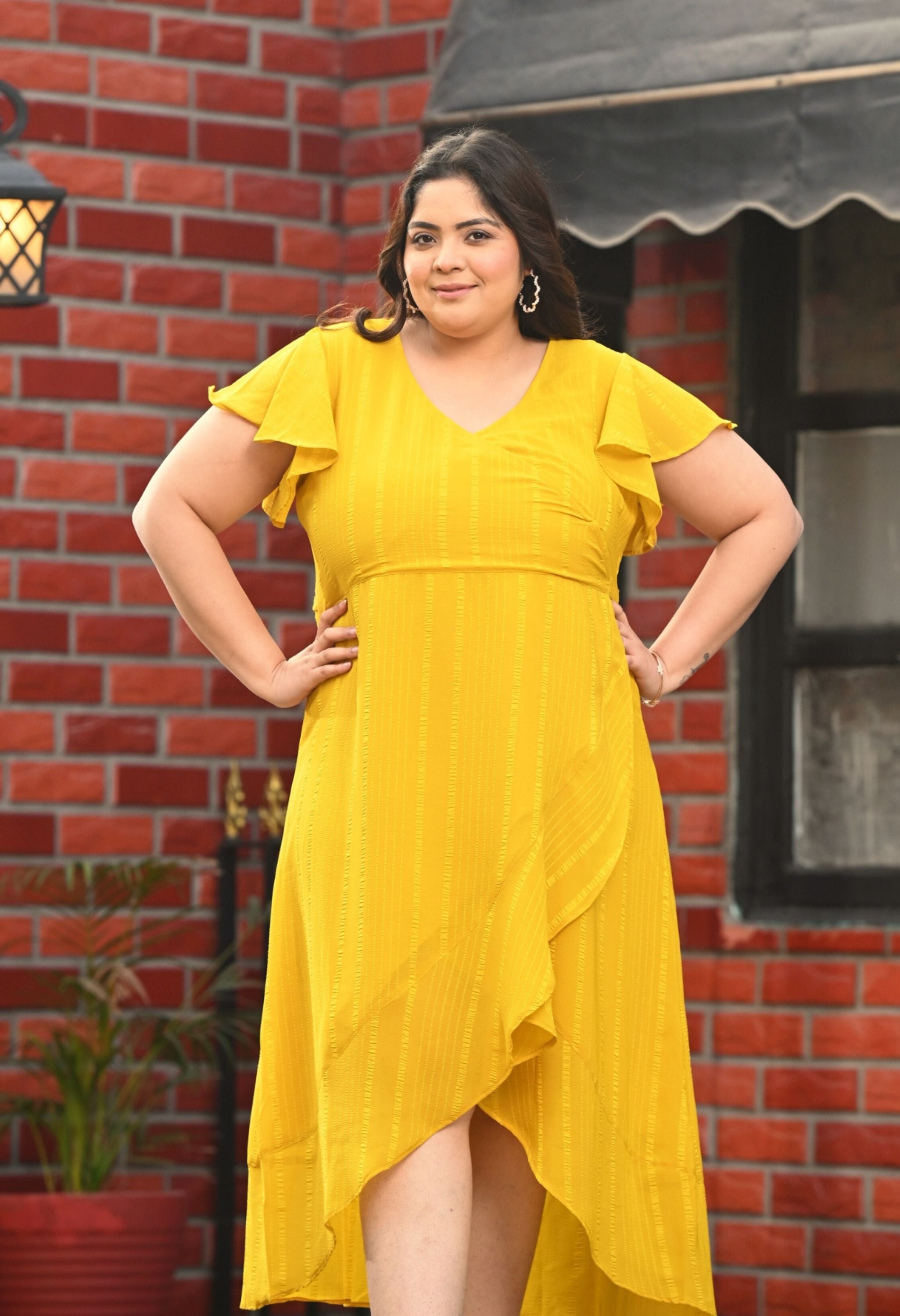 Plus Size Yellow Georgette Wrap Dress