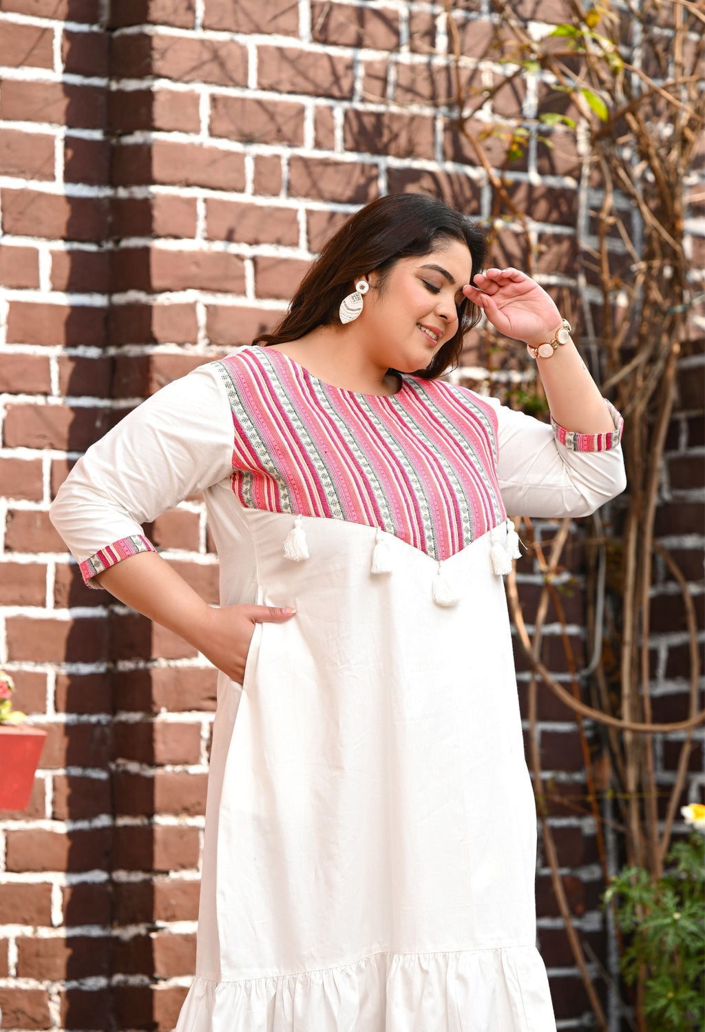 Plus Size White Poplin Dress – Boho Tassel Detail with Embroidered Yoke