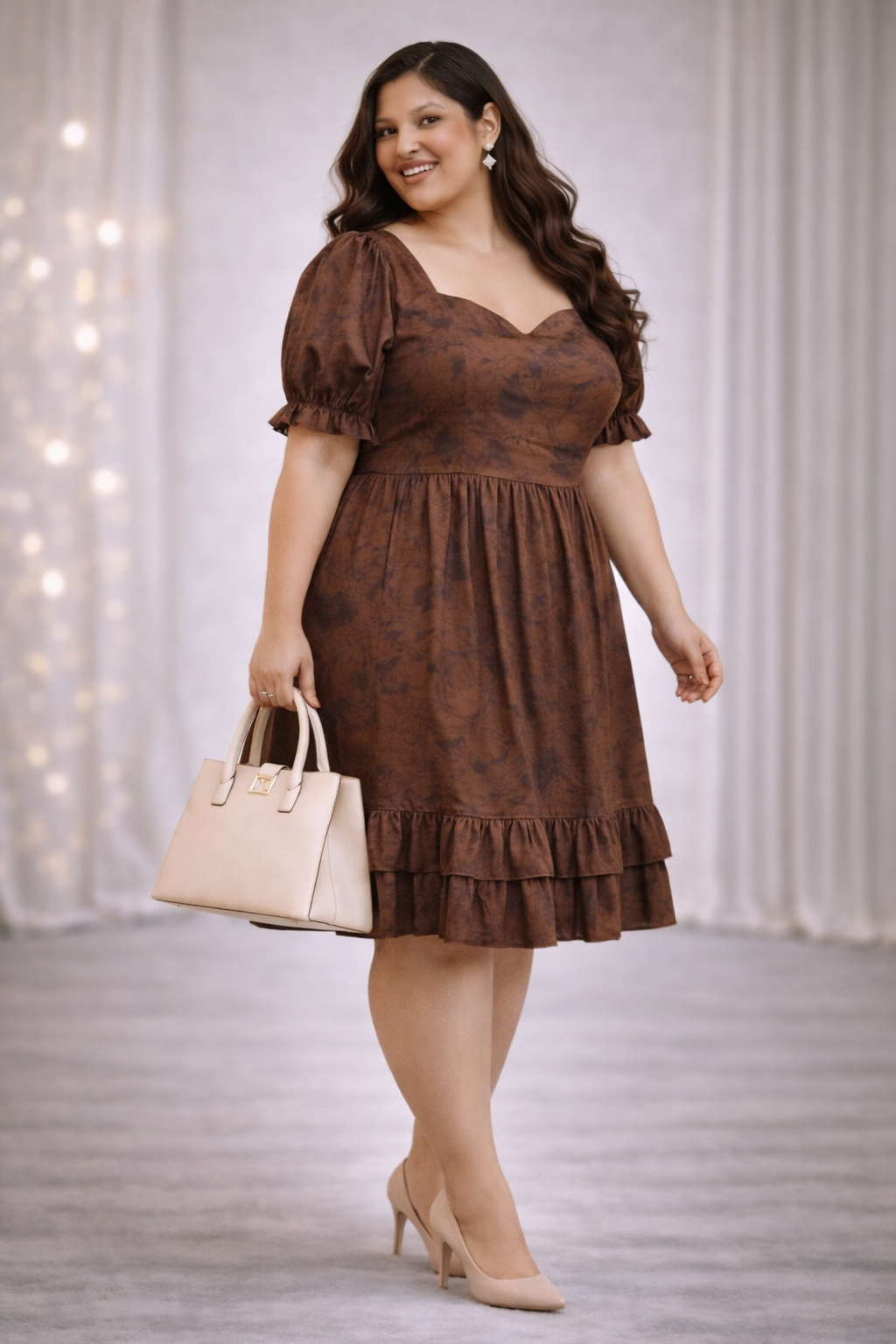 Plus Size Brown Tye Dye Prism Puff Sleeve Dress