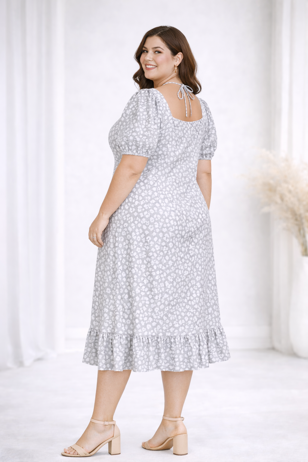 Plus Size Grey Floral Midi Dress with Sweetheart Neck & Ruffle Hem