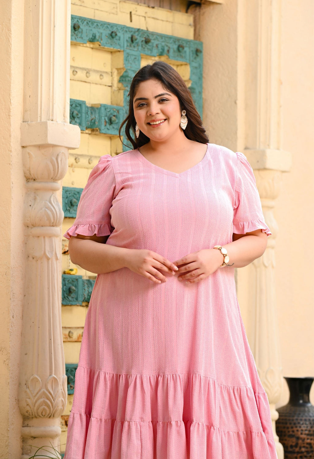 Plus Size Light Pink Double Frilled Dress