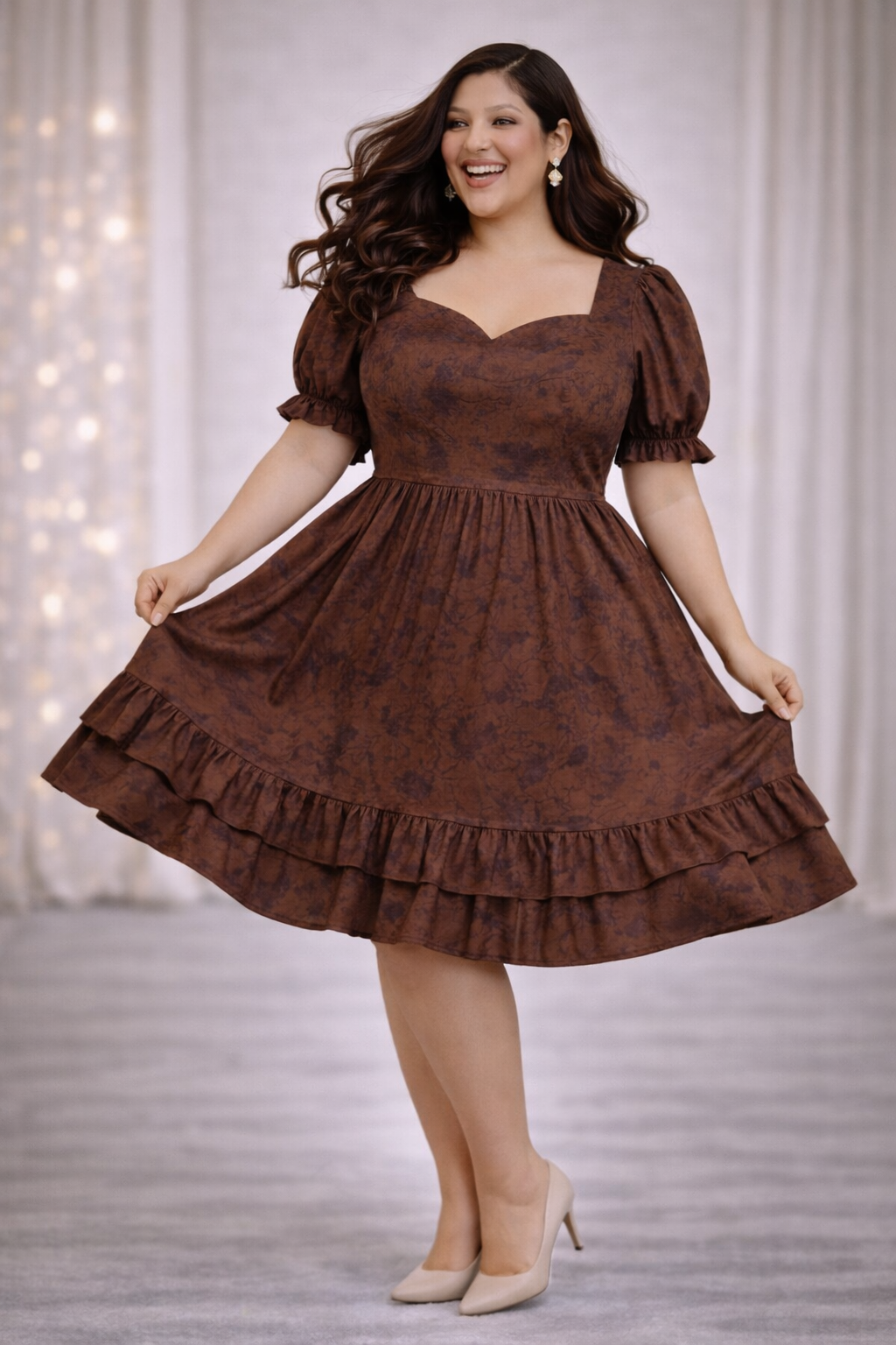 Plus Size Brown Tye Dye Prism Puff Sleeve Dress