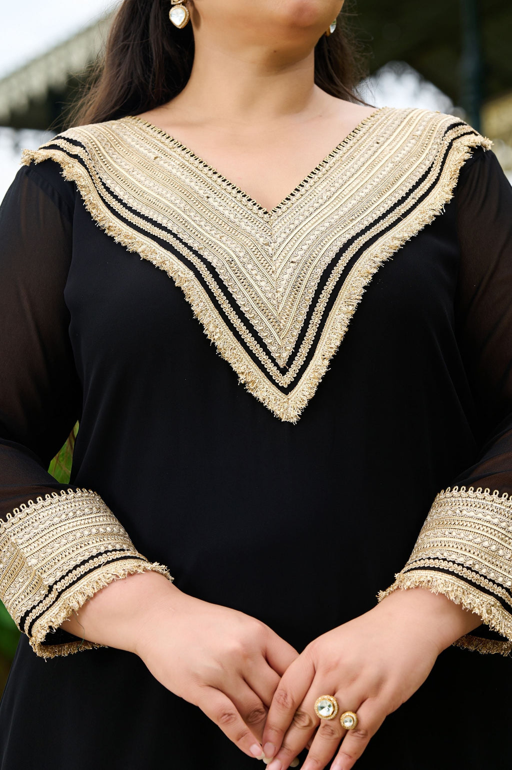 Plus Size Opulent Black Asymmetrical Co-ord Set with Statement Gold Detailing