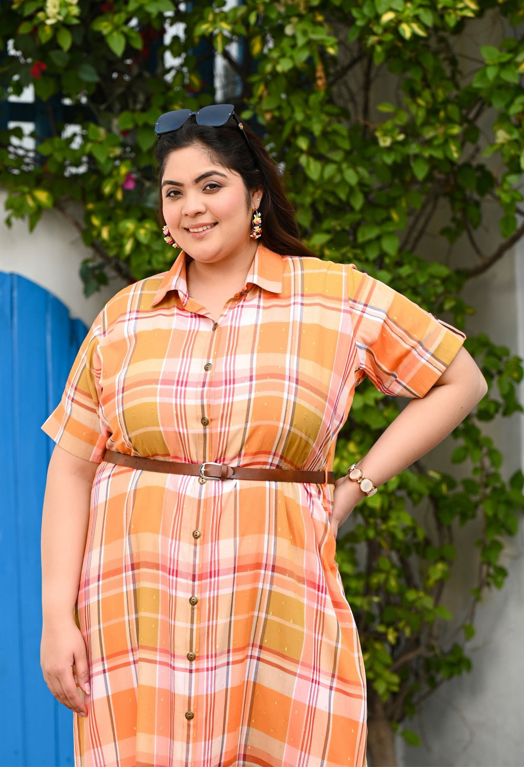Plus Size Orange Check Shirt Muslin Dress with Belt