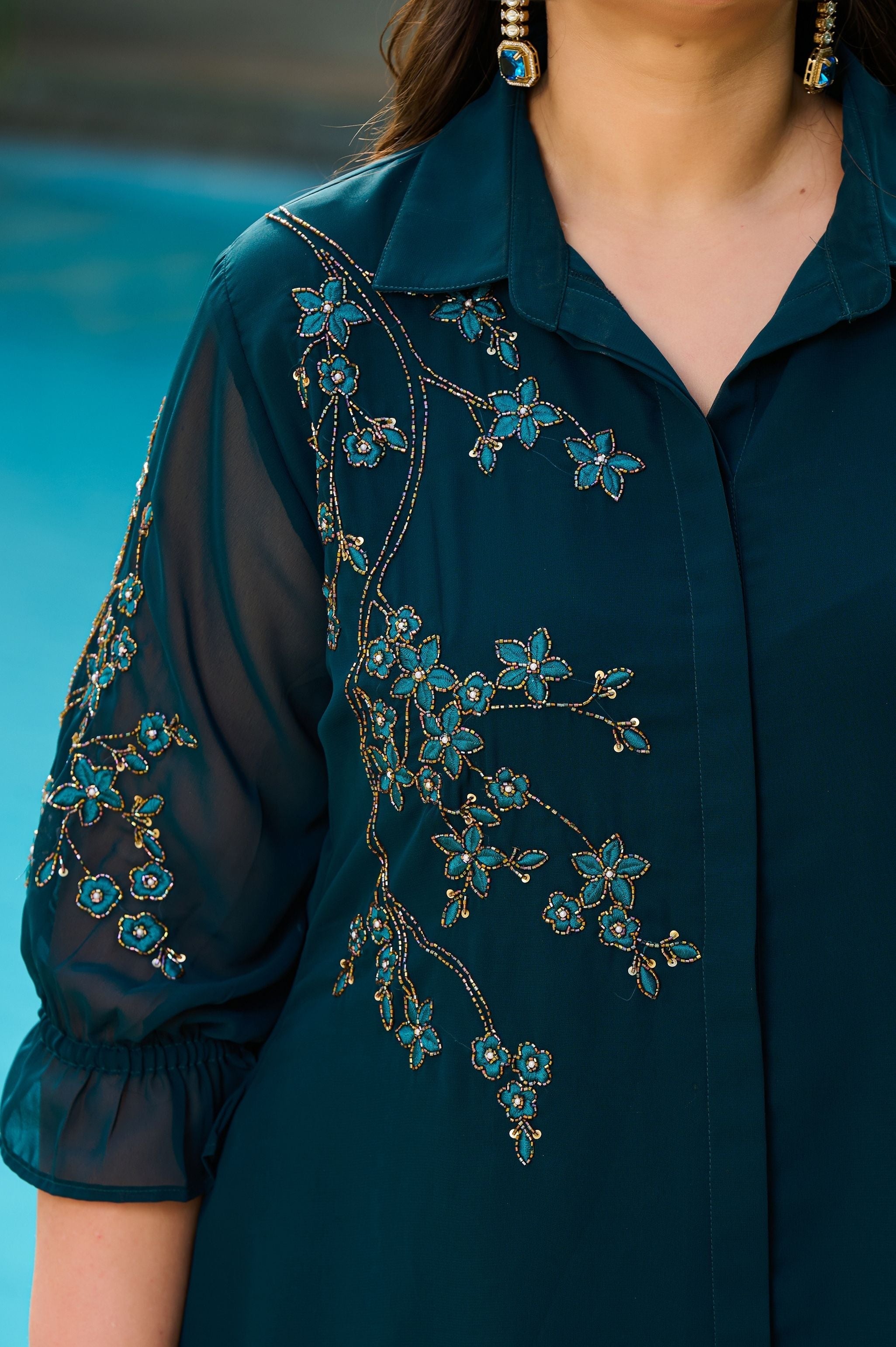 Plus Size Teal Blue Embellished Georgette Co-ord Set