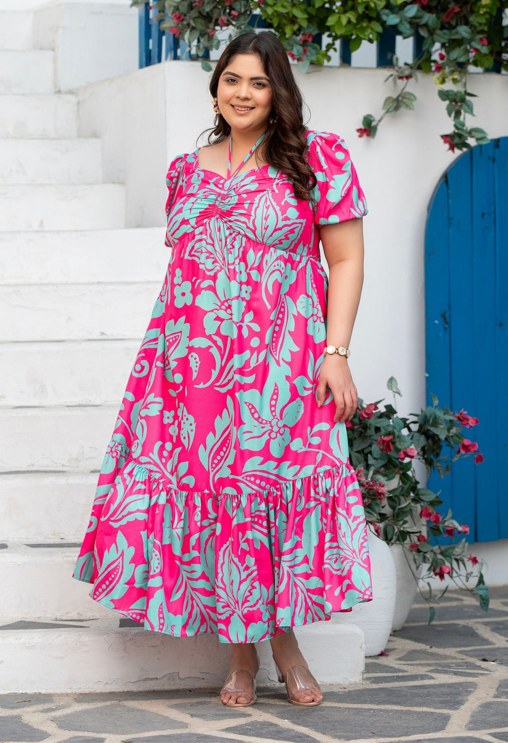Plus Size Hot Pink Flowy Ruched Midi Dress