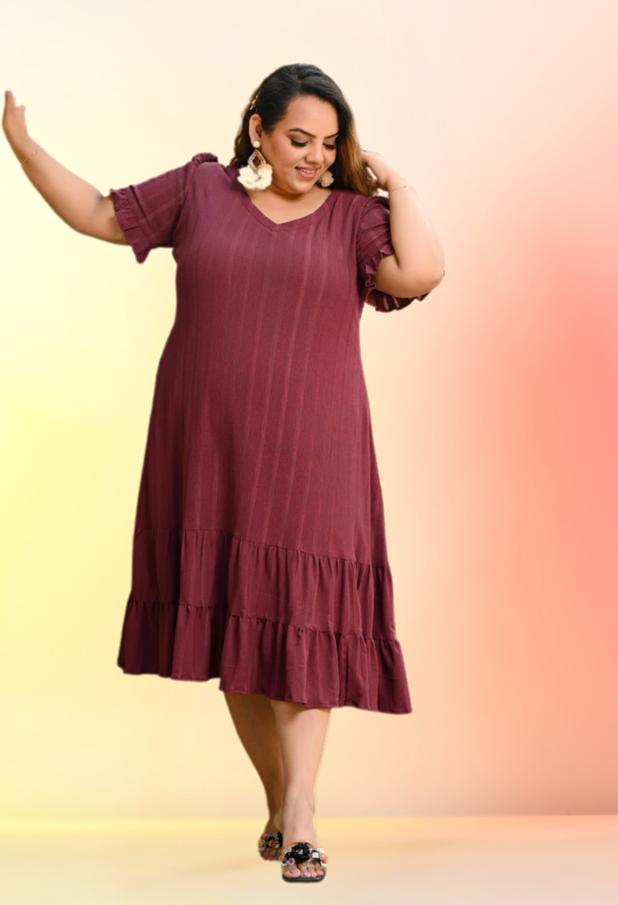 Plus Size Chestnut Copper Double Frilled Dress