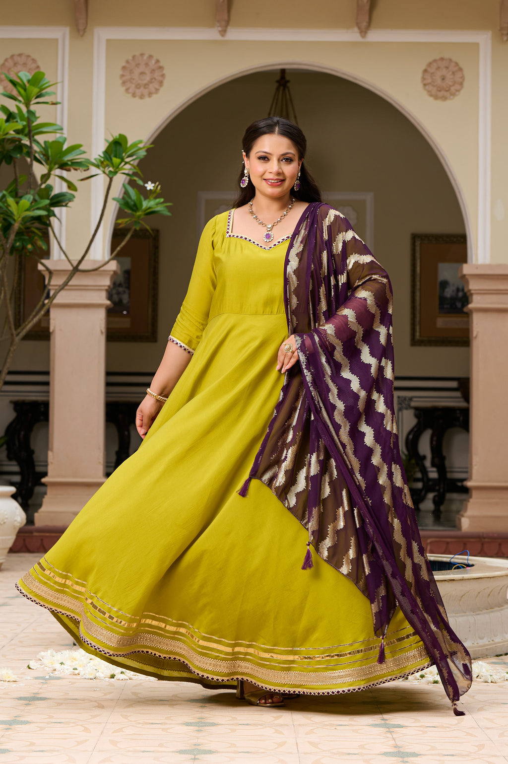 Plus Size Mehfil Magic Parrot Anarkali with Contrast Plum Dupatta