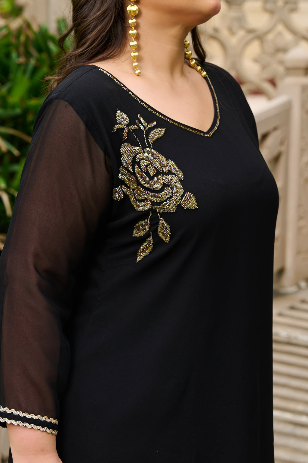 Plus Size Festive Black Embroidered Co-ord Set with Rose Motifs