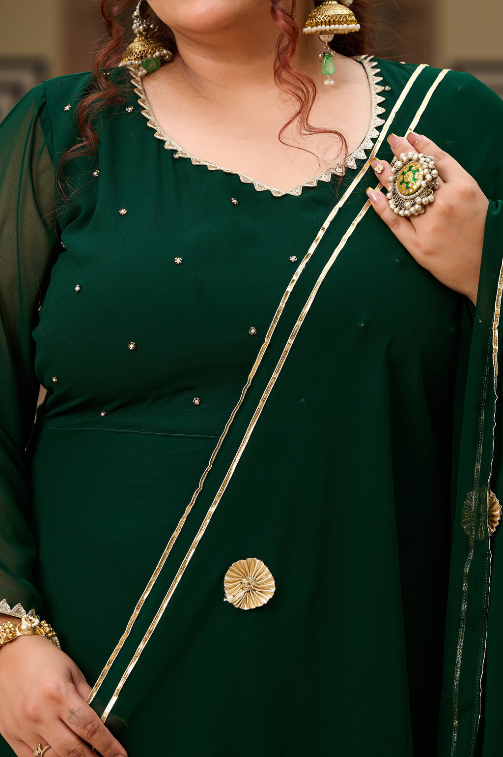 Plus Size Festive Emerald Green Georgette Anarkali Set with Hand Embellishments