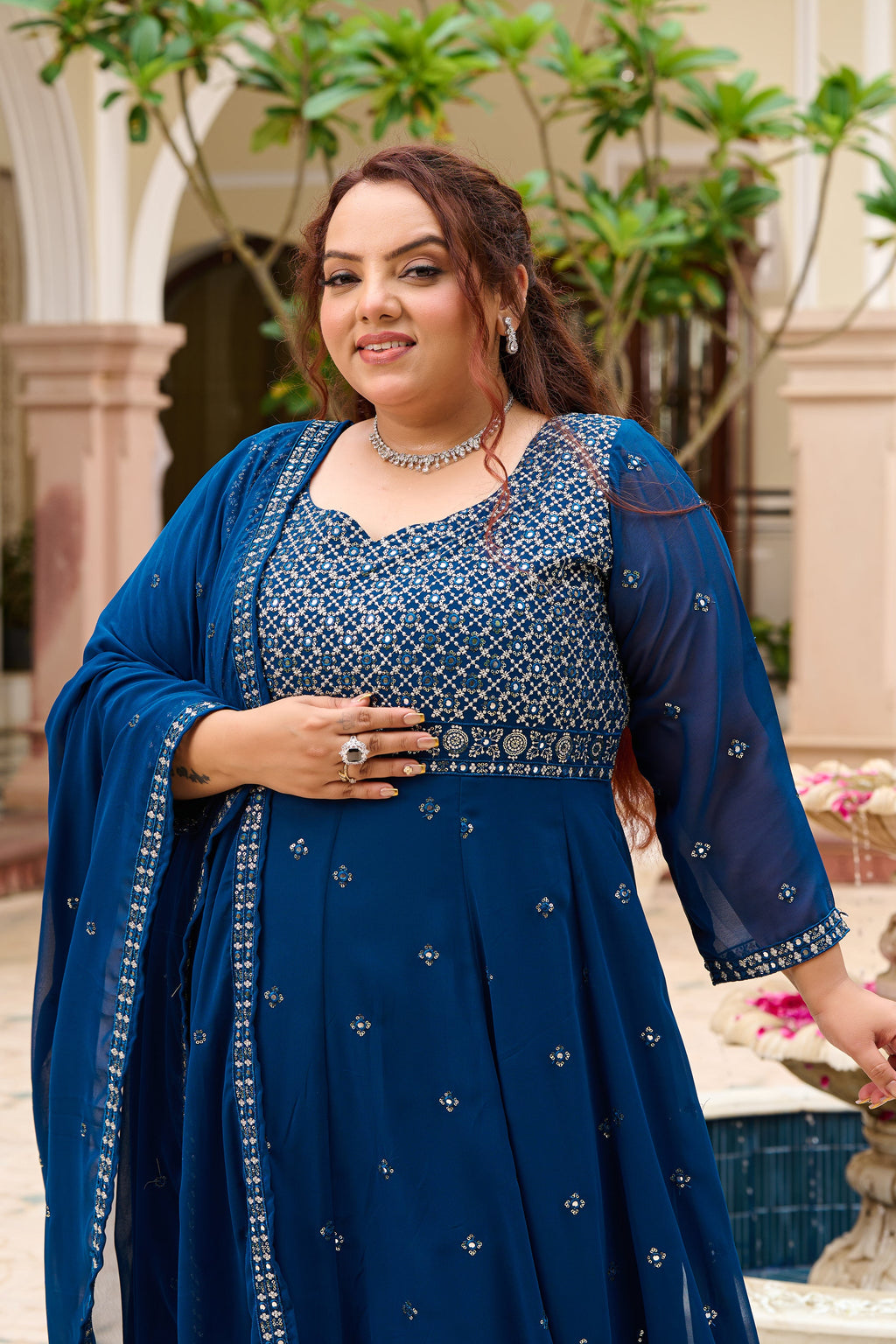 Plus Size Mehr Jaal Mirror Embroidered Teal Blue Anarkali with Dupatta