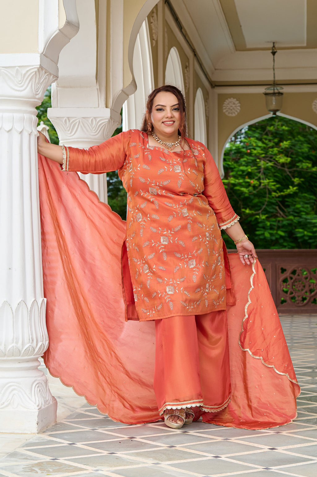 Plus Size Exclusive Sunset Glow Hand-Embroidered Orange Kurta Set with Scalloped Dupatta