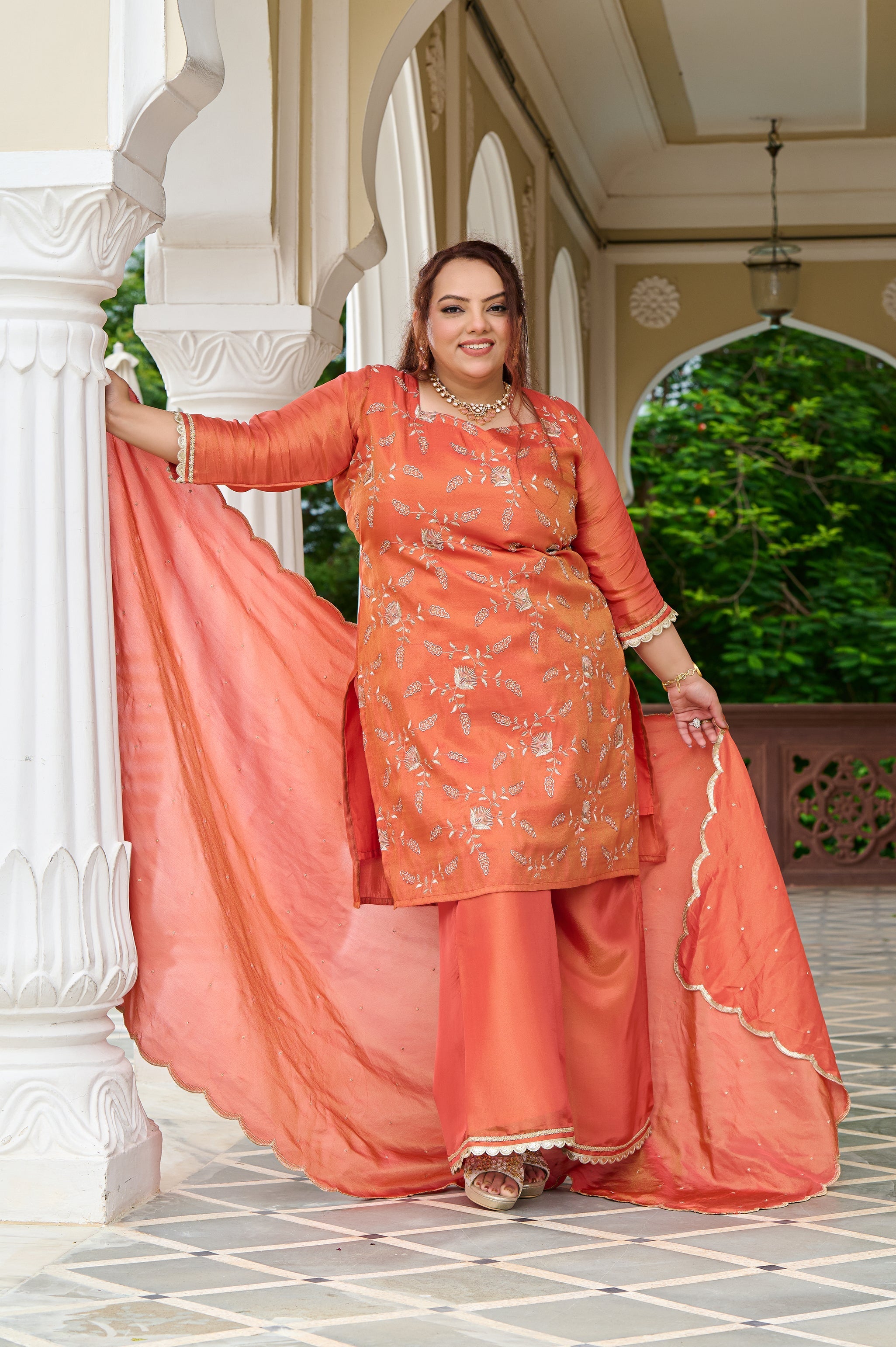 Plus Size Exclusive Sunset Glow Hand-Embroidered Orange Kurta Set with Scalloped Dupatta