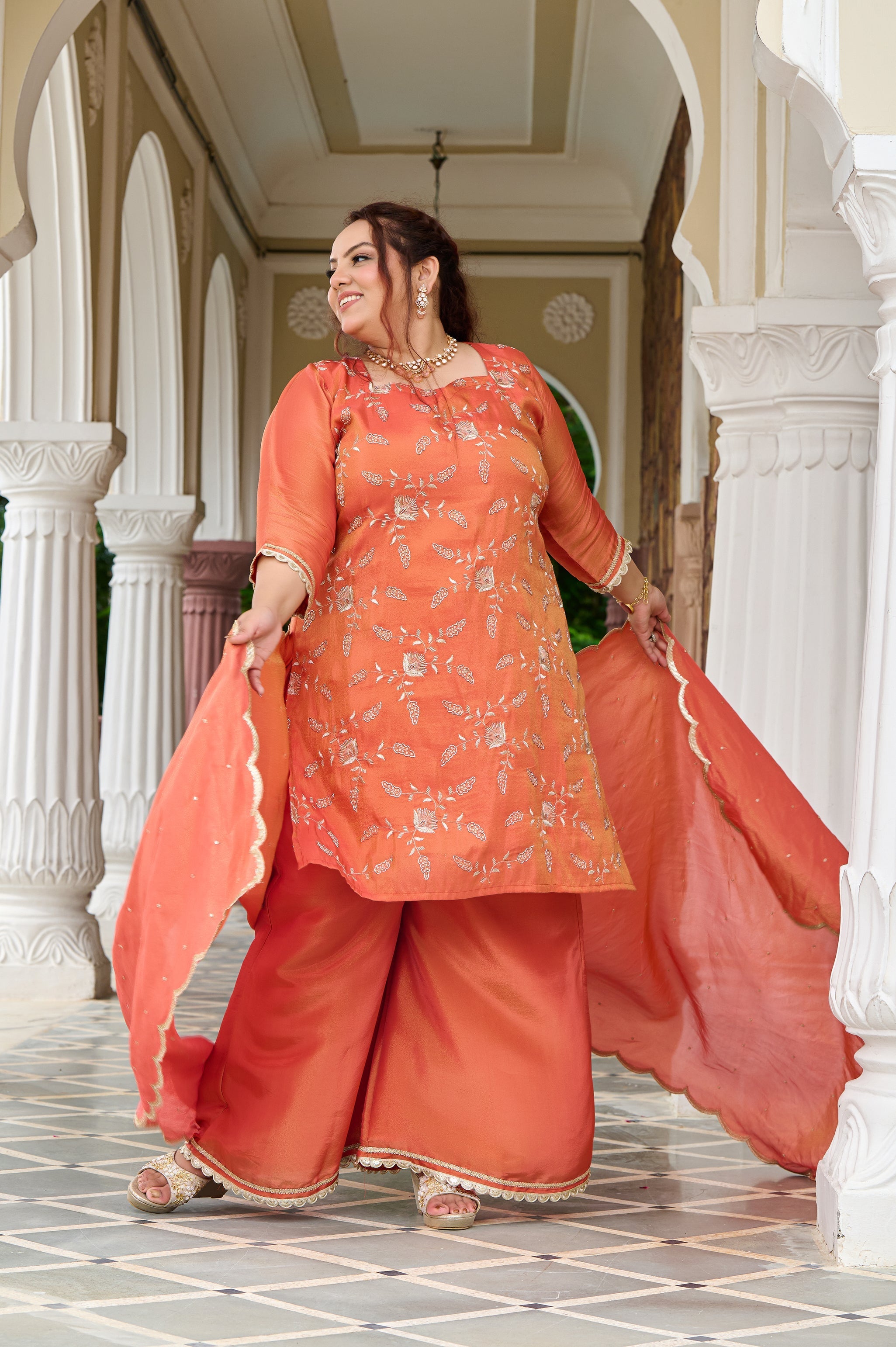 Plus Size Exclusive Sunset Glow Hand-Embroidered Orange Kurta Set with Scalloped Dupatta