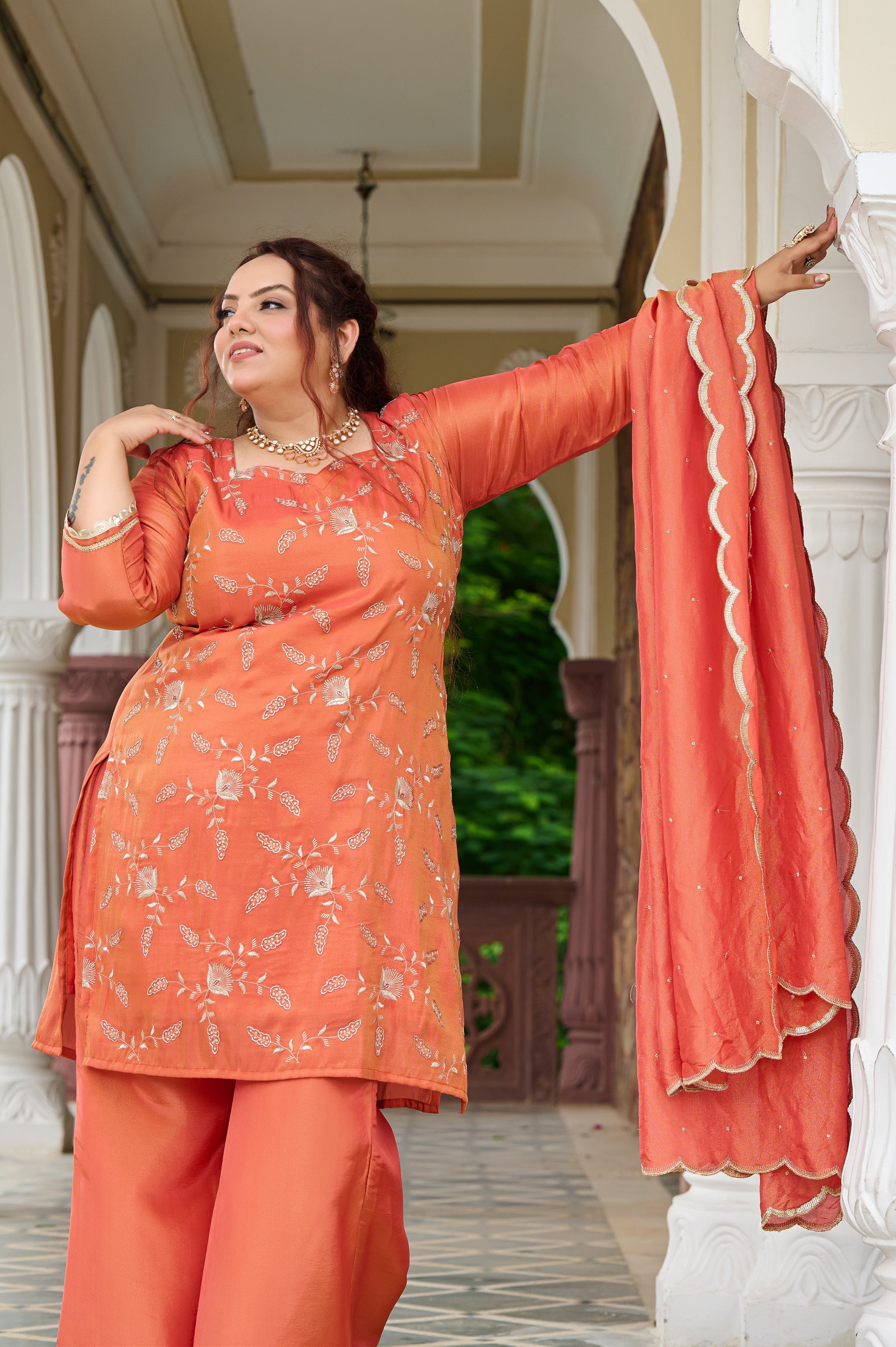 Plus Size Exclusive Sunset Glow Hand-Embroidered Orange Kurta Set with Scalloped Dupatta