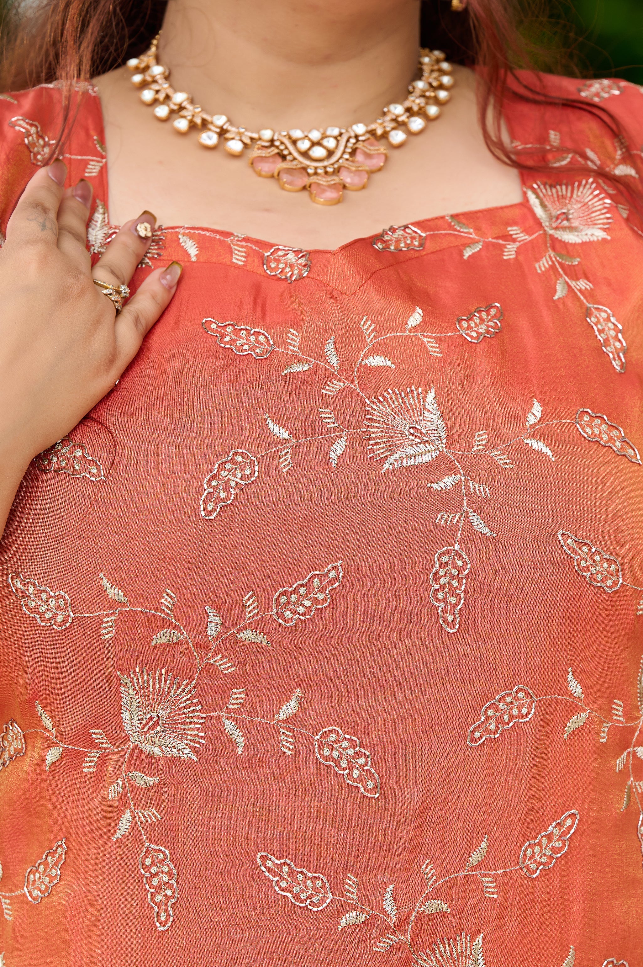 Plus Size Exclusive Sunset Glow Hand-Embroidered Orange Kurta Set with Scalloped Dupatta