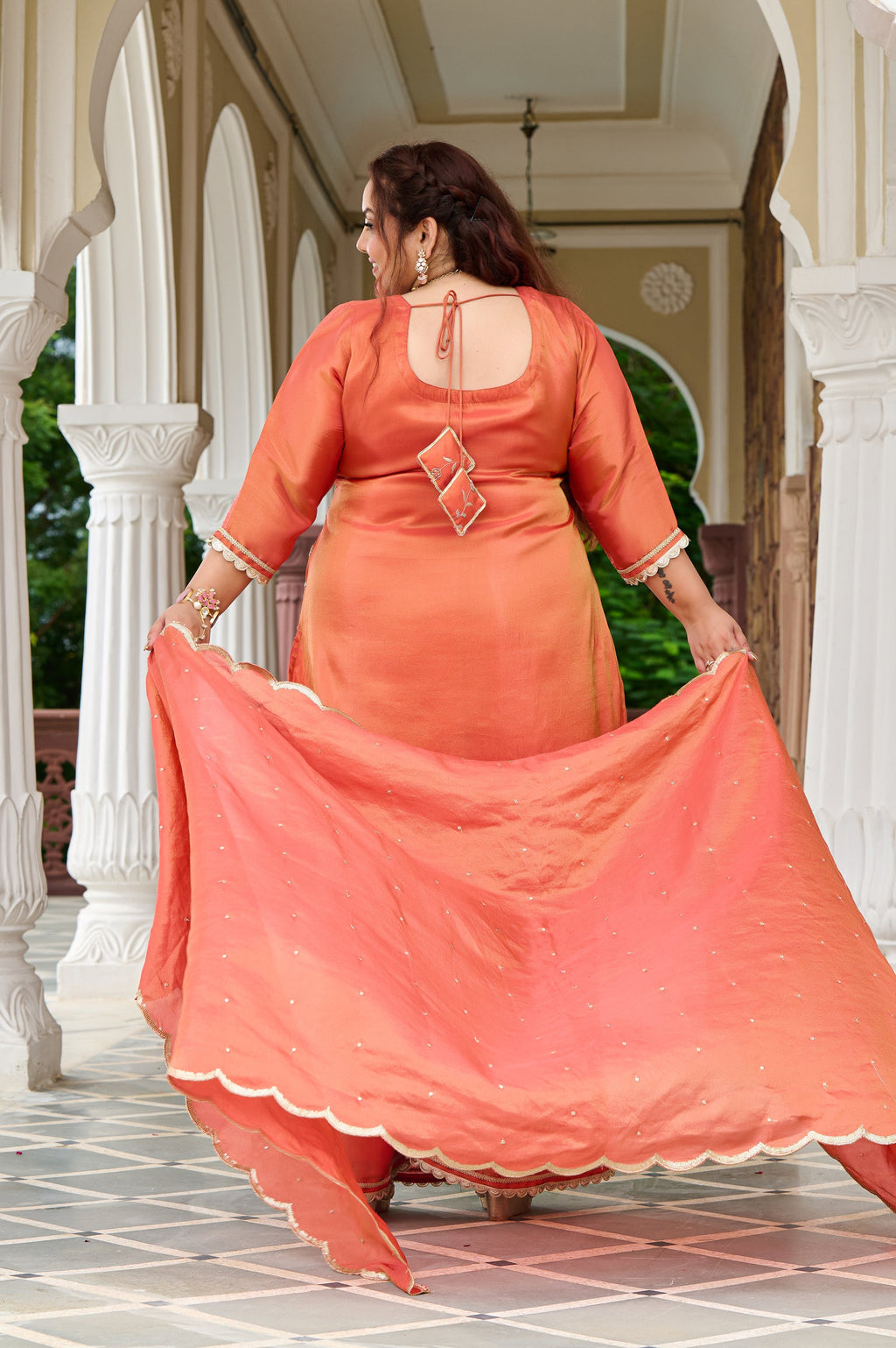 Plus Size Exclusive Sunset Glow Hand-Embroidered Orange Kurta Set with Scalloped Dupatta