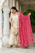 Plus Size Exclusive Regal Ivory Embroidered Kurta Set with Contrast Dupatta