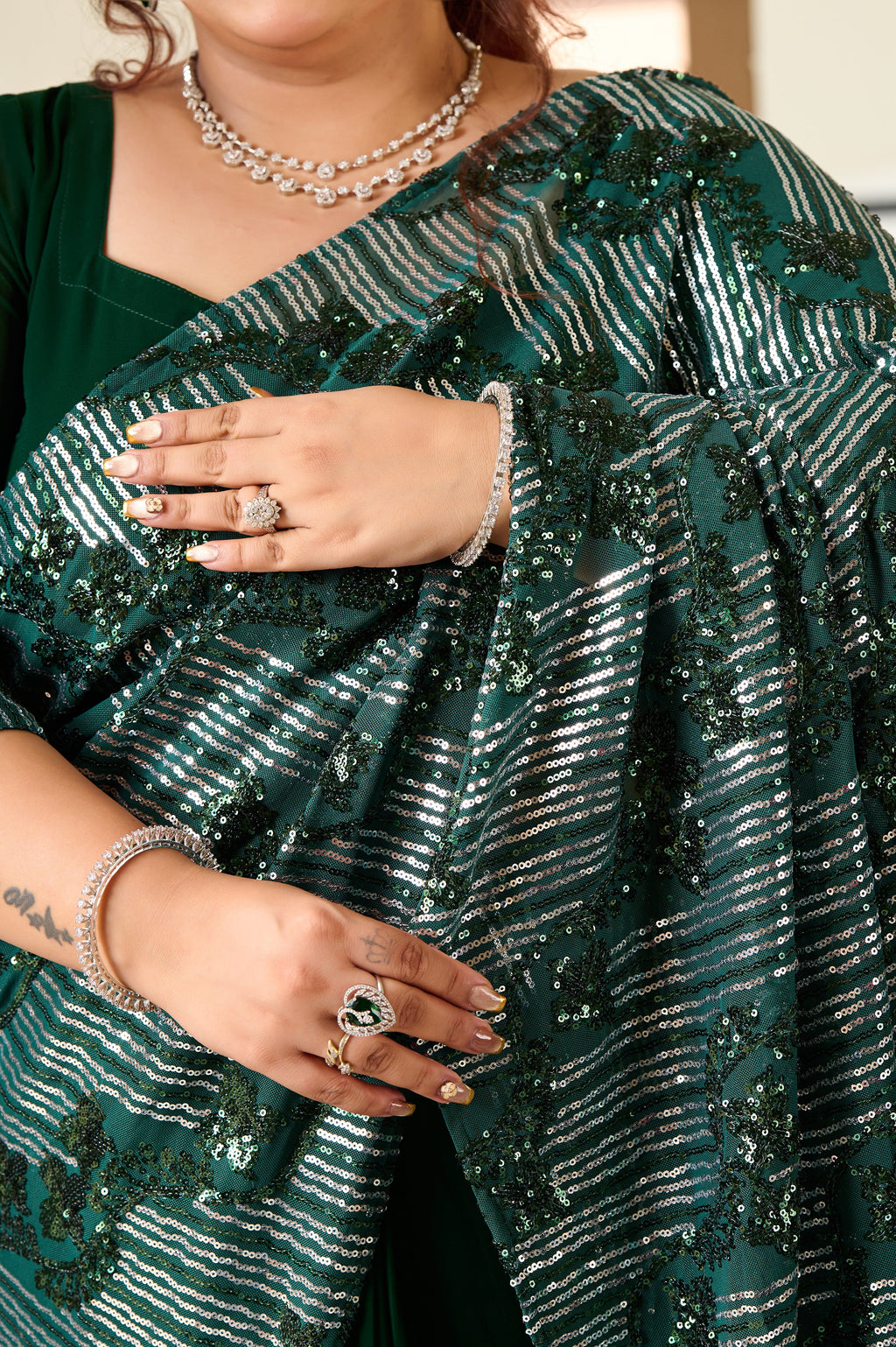 Plus Size Emerald Sequin Ready-to-Wear Drape Saree with Stitched Blouse