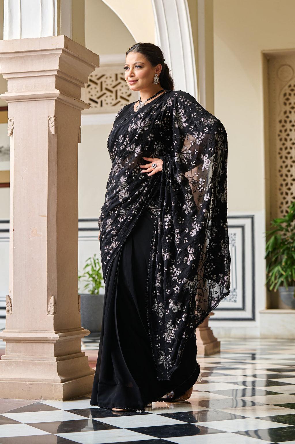 Plus Size Exclusive Black Sequin Embroidered Ready to Wear Drape Saree