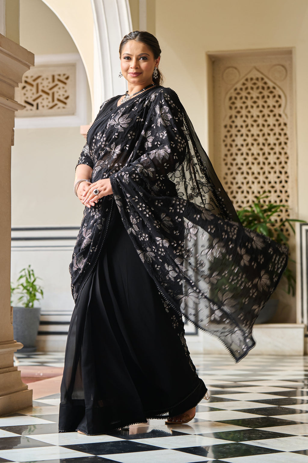 Plus Size Exclusive Black Sequin Embroidered Ready to Wear Drape Saree