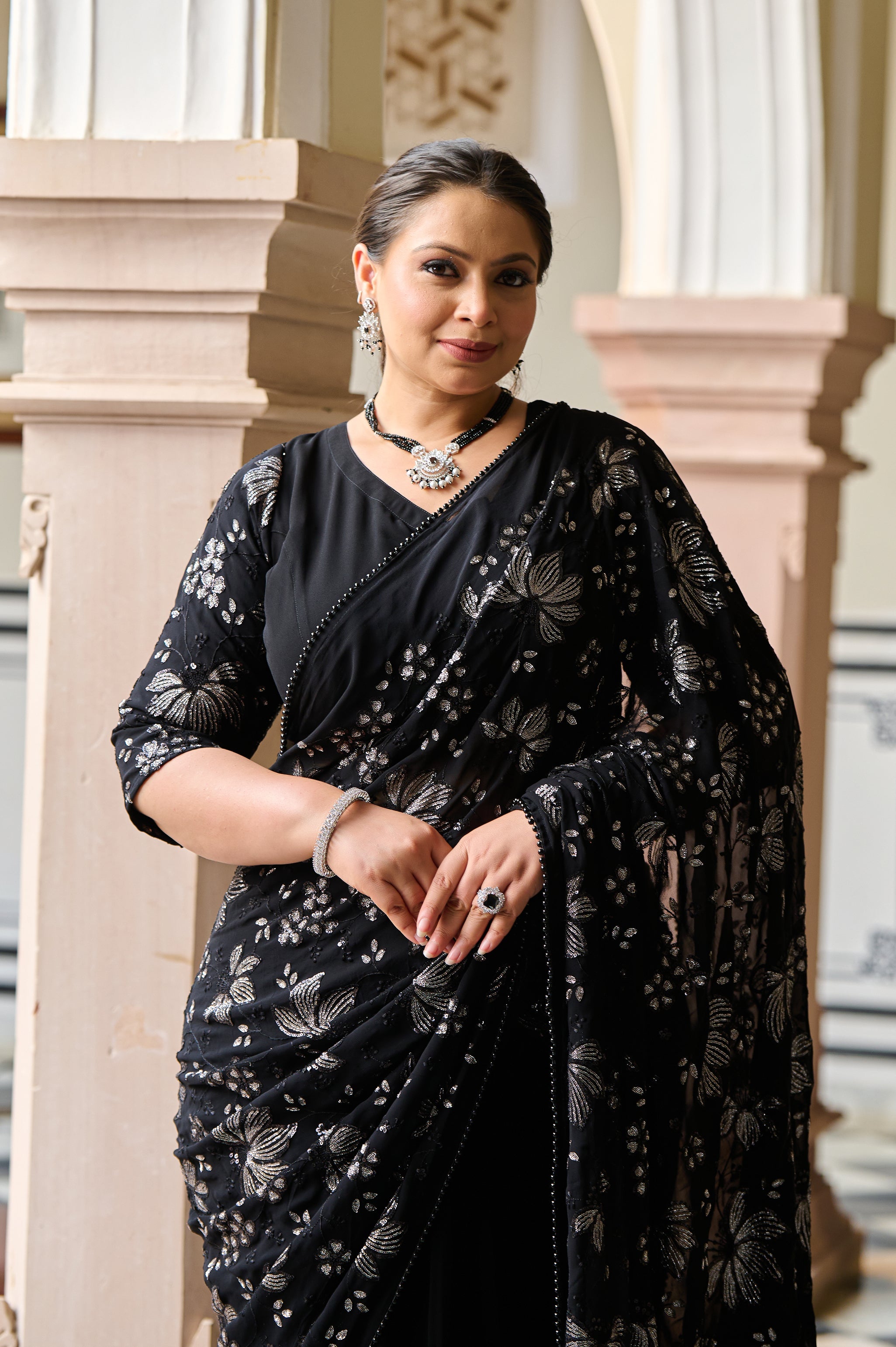 Plus Size Exclusive Black Sequin Embroidered Ready to Wear Drape Saree