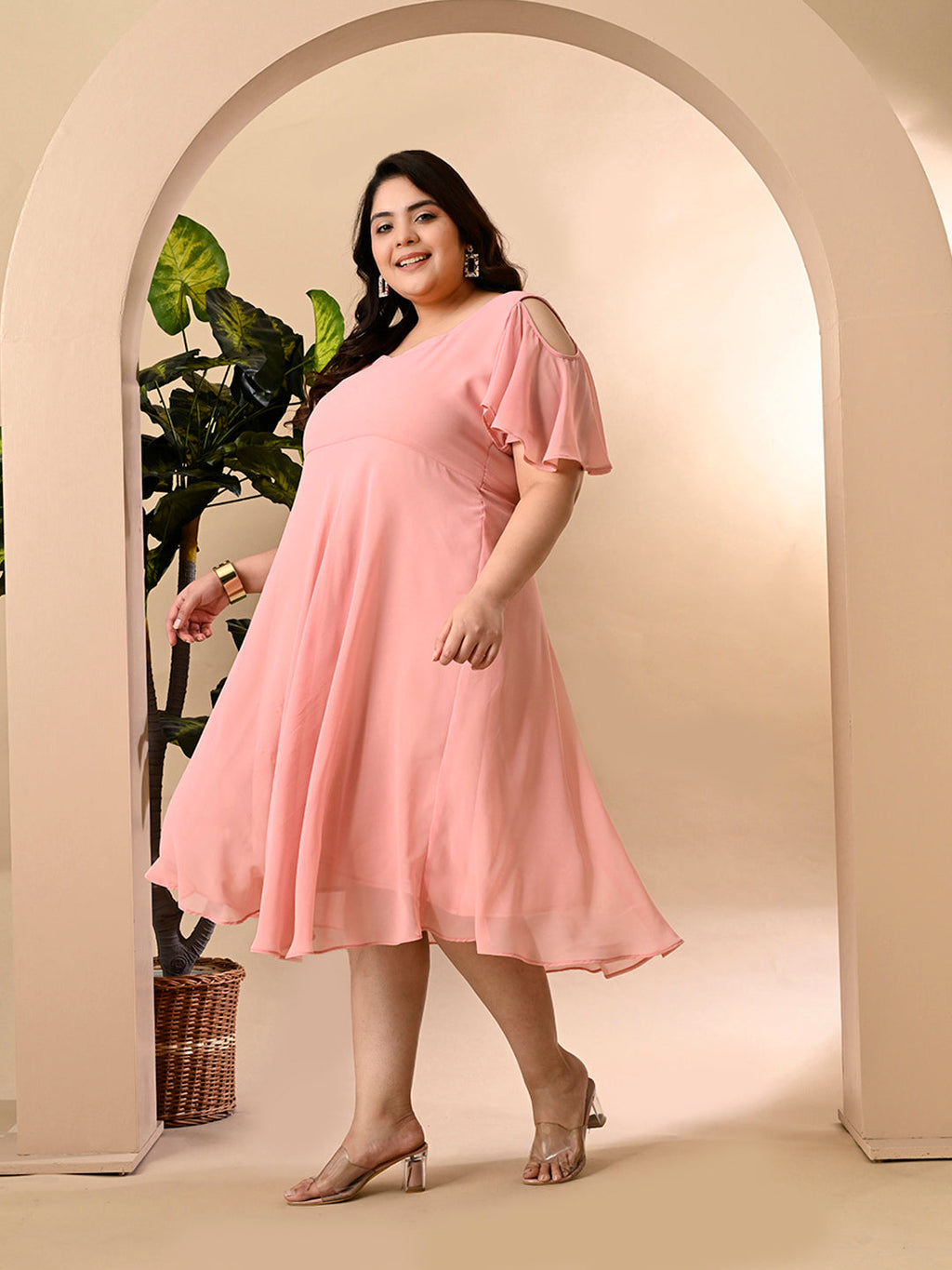 Plus Size Pink Cold Shoulder Georgette Dress