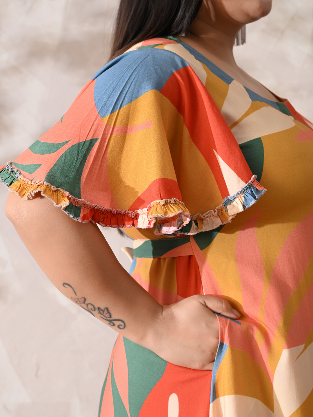 Multi-Color Tropical Print Rayon Midi Dress with Ruffle Hem