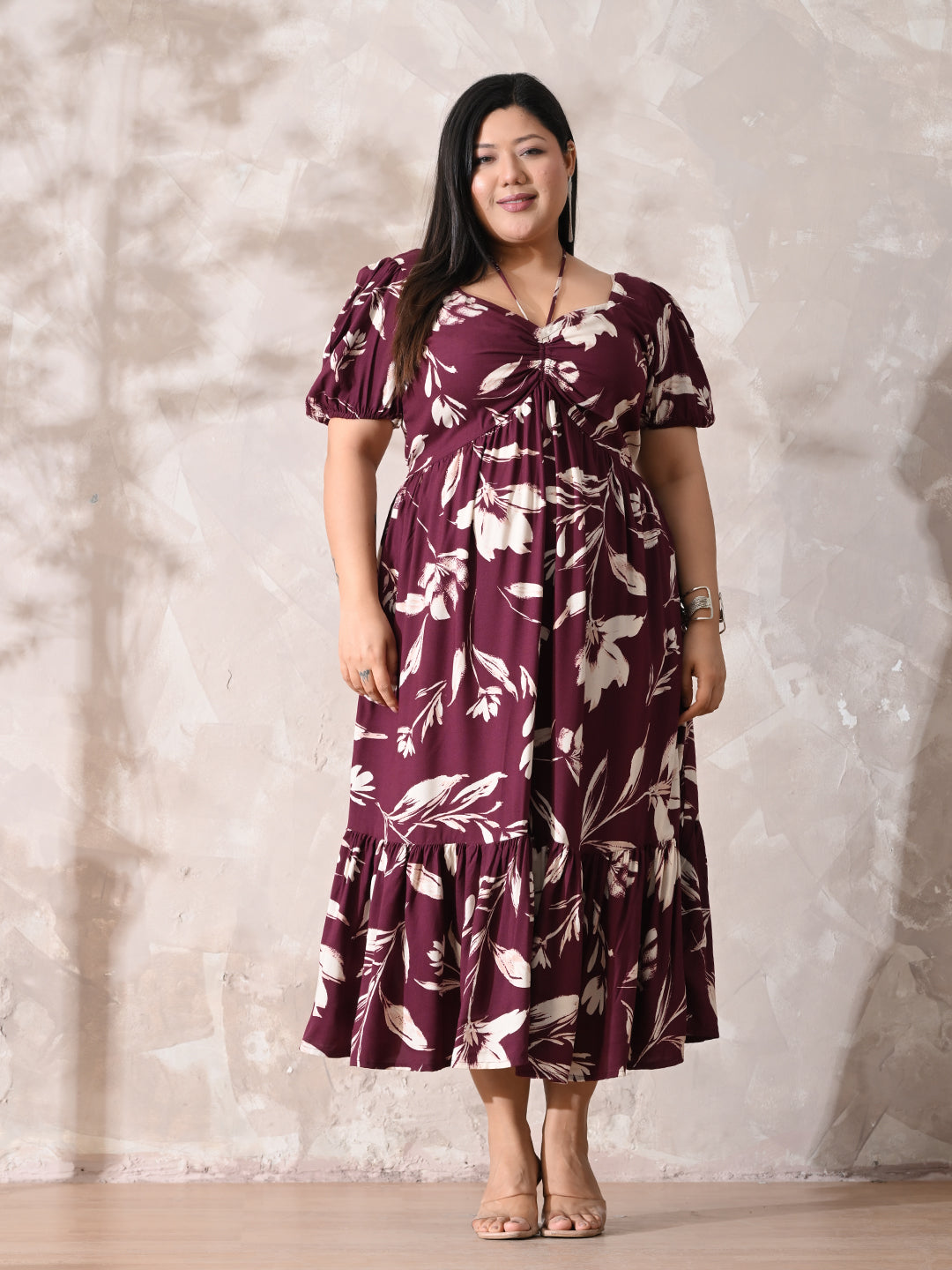 Burgundy Bloom Rayon Ruched Midi Dress