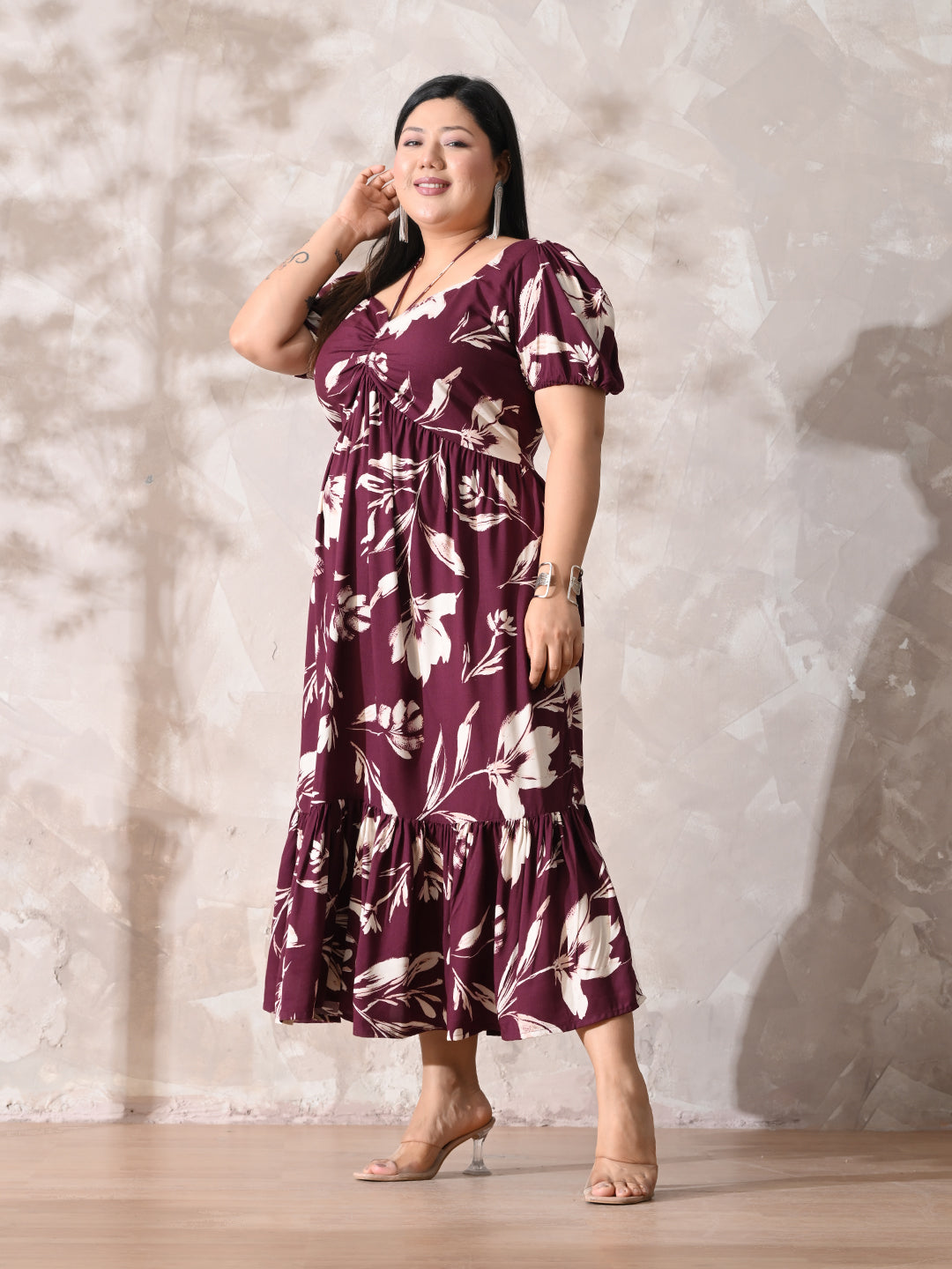 Burgundy Bloom Rayon Ruched Midi Dress