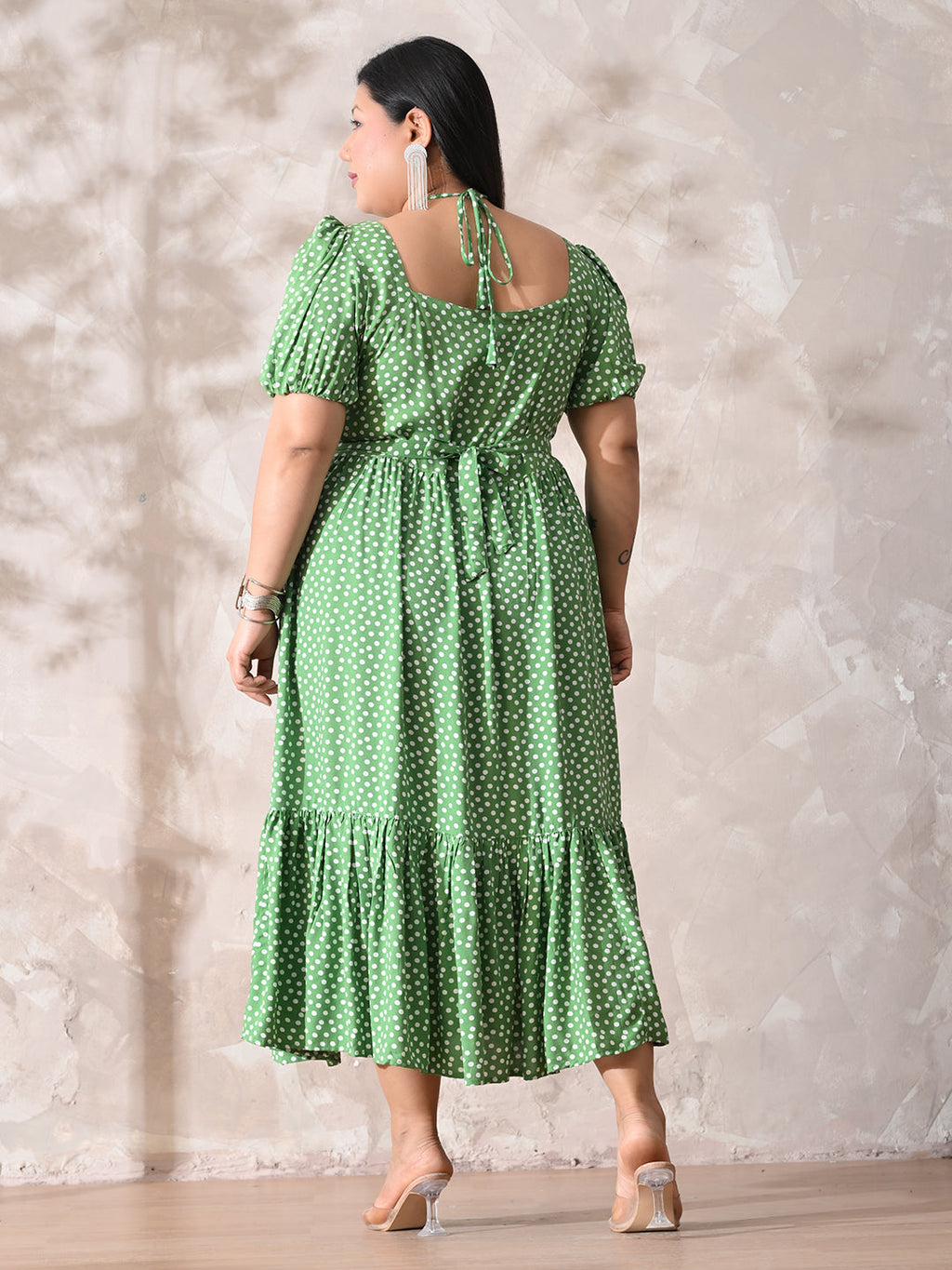 Polka Charm Green Rayon Ruched Midi Dress